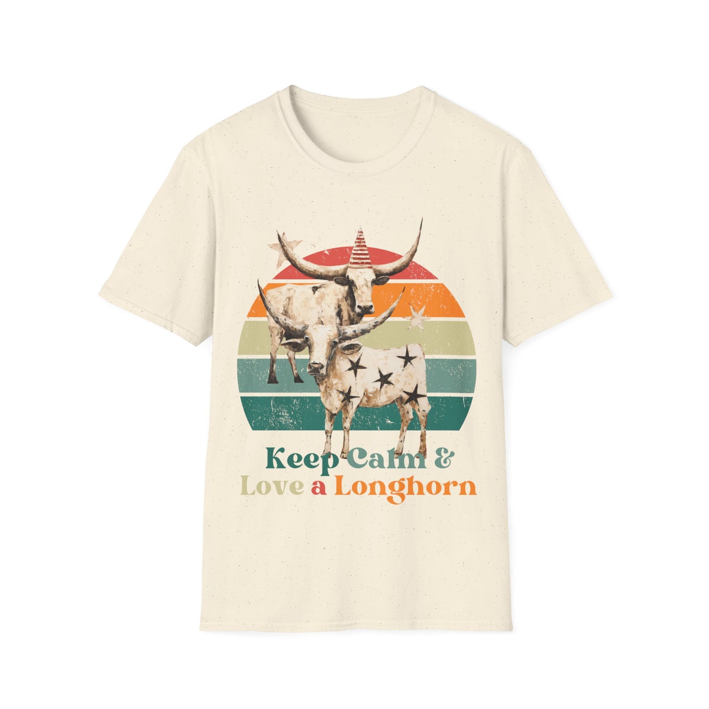 Retro Longhorn Texas Style "Keel Calm & Love a Longhorn" Cattle, Rodeo, Texas Star, Graphic T-Shirt, Texas Softstyle Unisex Tee Shirt - 60s 70s Vibe- Keep Calm Shirt