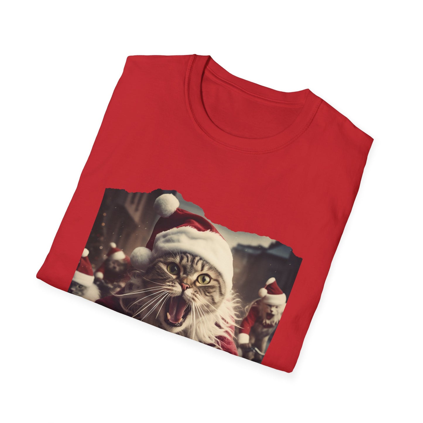 Screaming Cats on Bikes Holiday Christmas Cat Shirt, Cat Lover's Graphic Tee Graphic Unisex T- Shirt, T-Shirt Cat Lovers Gift Softstyle T-Shirt Tee Christmas JumperTeeshirt Stylized Cat