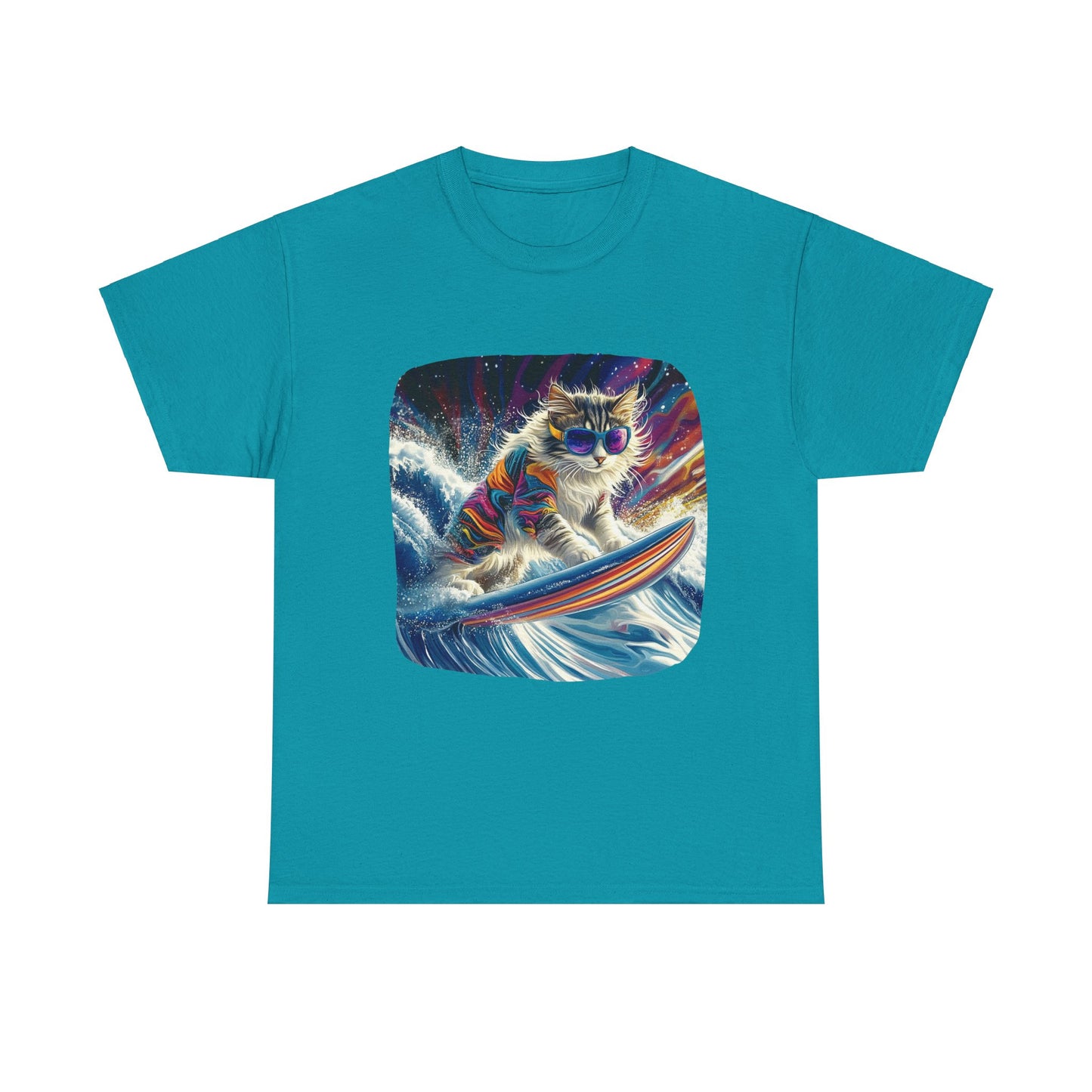 Rip Girl Surfing Surfer Cat, Cat on Surfboard Graphic Tee- Water Sports Cat (V1) Cat Art Gift - Cool Cats Unisex Heavy Cotton Tee T-Shirt