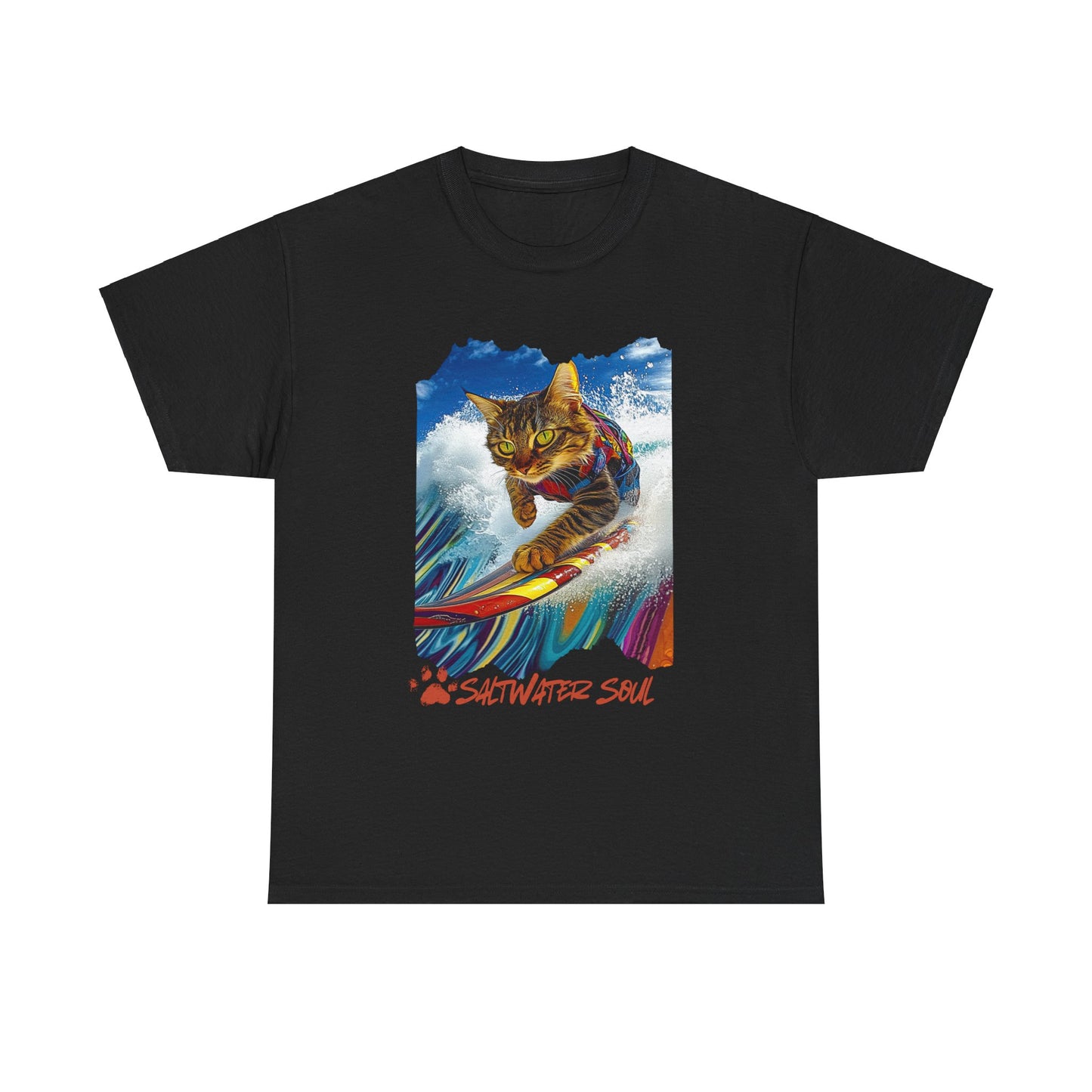 Saltwater Soul Surfer Cat, T-shirt, Cat on Surfboard Graphic Tee- Water Sports Cat Cat Art Gift - Cool Cats Unisex Heavy Cotton Tee T-Shirt
