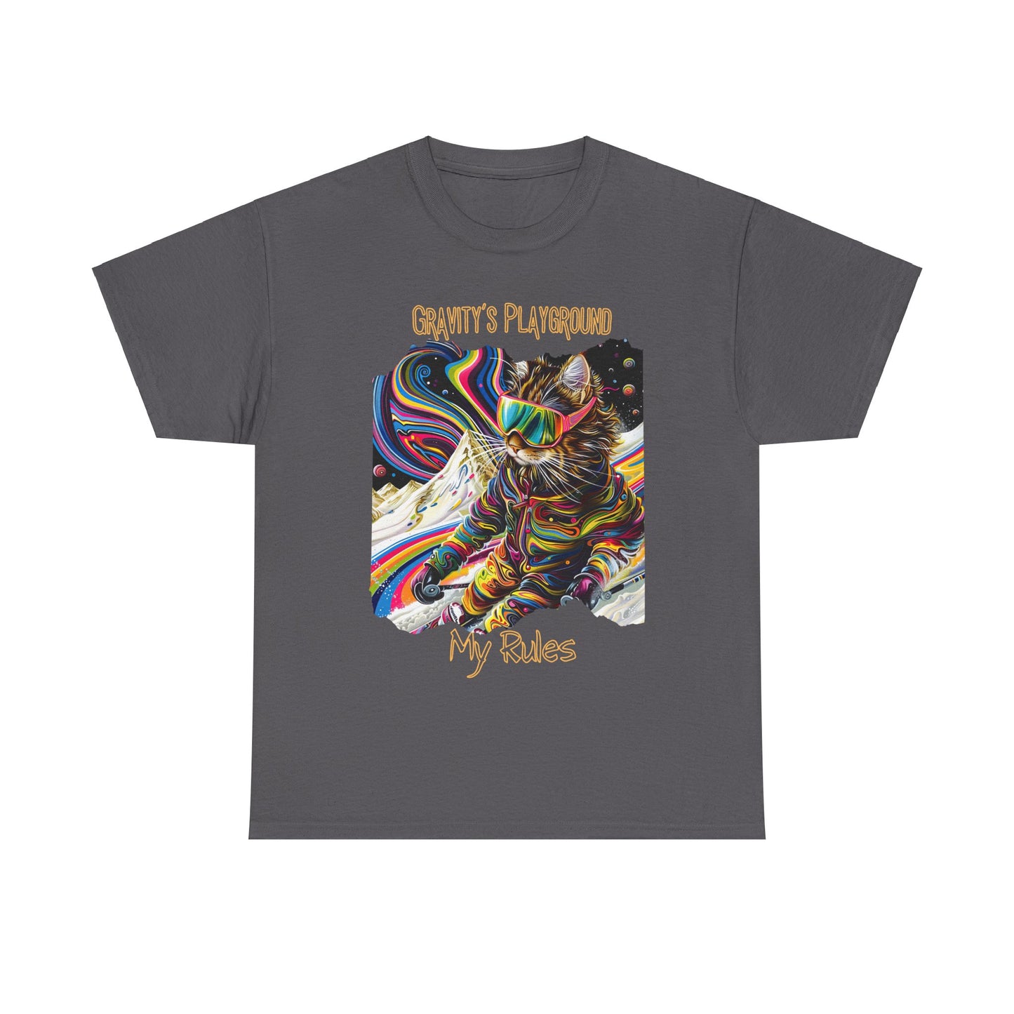 Gravity's Playground, MY Rules - Ski, Snow, Snowboard Winter Sports Cat (V2) Cat Art Gift -Cool Cats Graphic Tee Unisex Heavy Cotton Tee T-Shirt