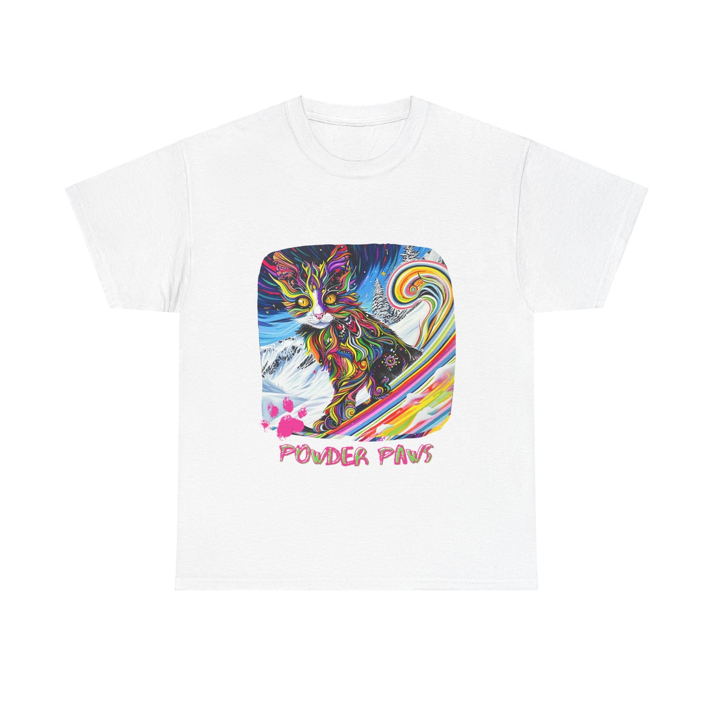 Powder Paws Snow, Snowboard Winter Sports Cat - Cat Art Graphic Tee, Ski Gift - Cool Cats Unisex Heavy Cotton Tee T-Shirt