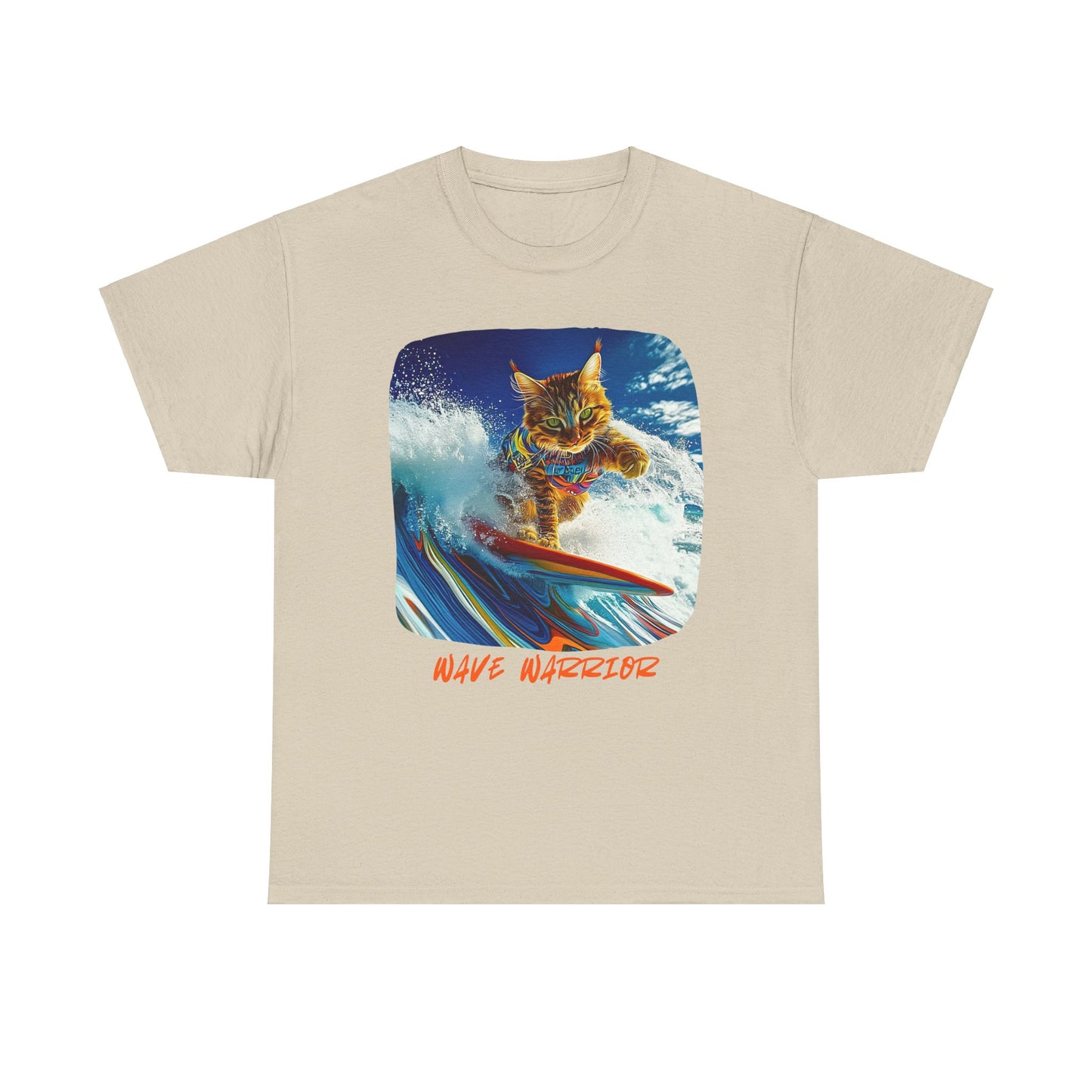 Wave Warrior Surfer Surfing Cat, Cat on Surfboard Graphic Tee reads "Wave Warrior" Surf Life Cat ,Art Gift - Cool Cats Unisex Heavy Cotton Tee T-Shirt