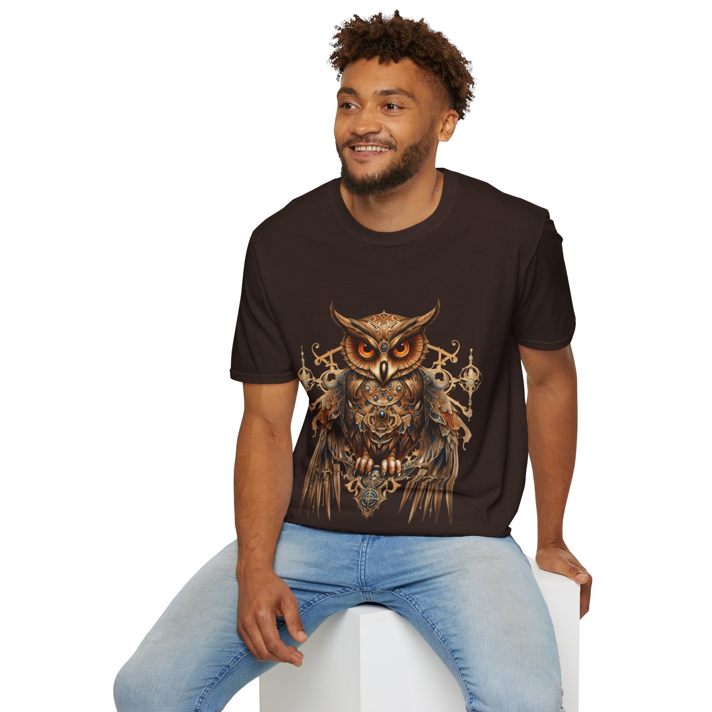 Steampunk Art Deco Style Owl II, Golden Owl Shirt, 1920's Owl Gift Unisex Tee Shirt, T-Shirt Softstyle T-Shirt Tee Teeshirt