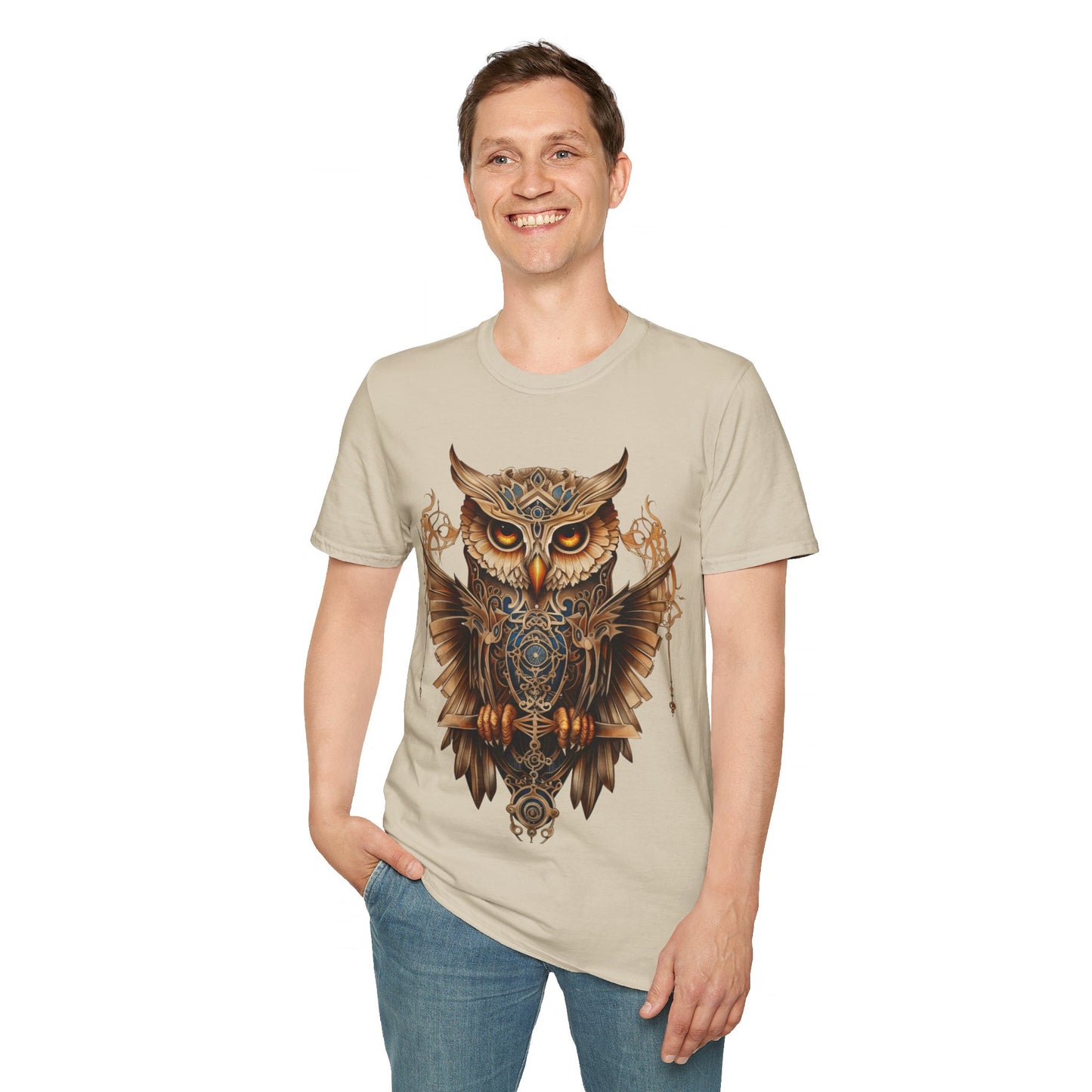 Art Deco Style Owl, Golden Owl Shirt, 1920's Steampunk Owl Christmas Gift Unisex Tee Shirt, T-Shirt Softstyle T-Shirt Tee Teeshirt