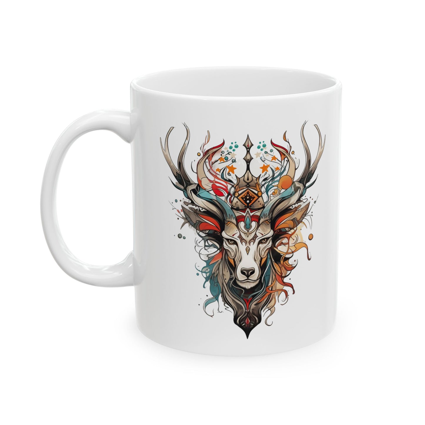 Reindeer, Exotic, Modern Tribal Reindeer Christmas Gift Mug, Deer Lover Reindeer Enthusiast Printed Ceramic Mug 11oz