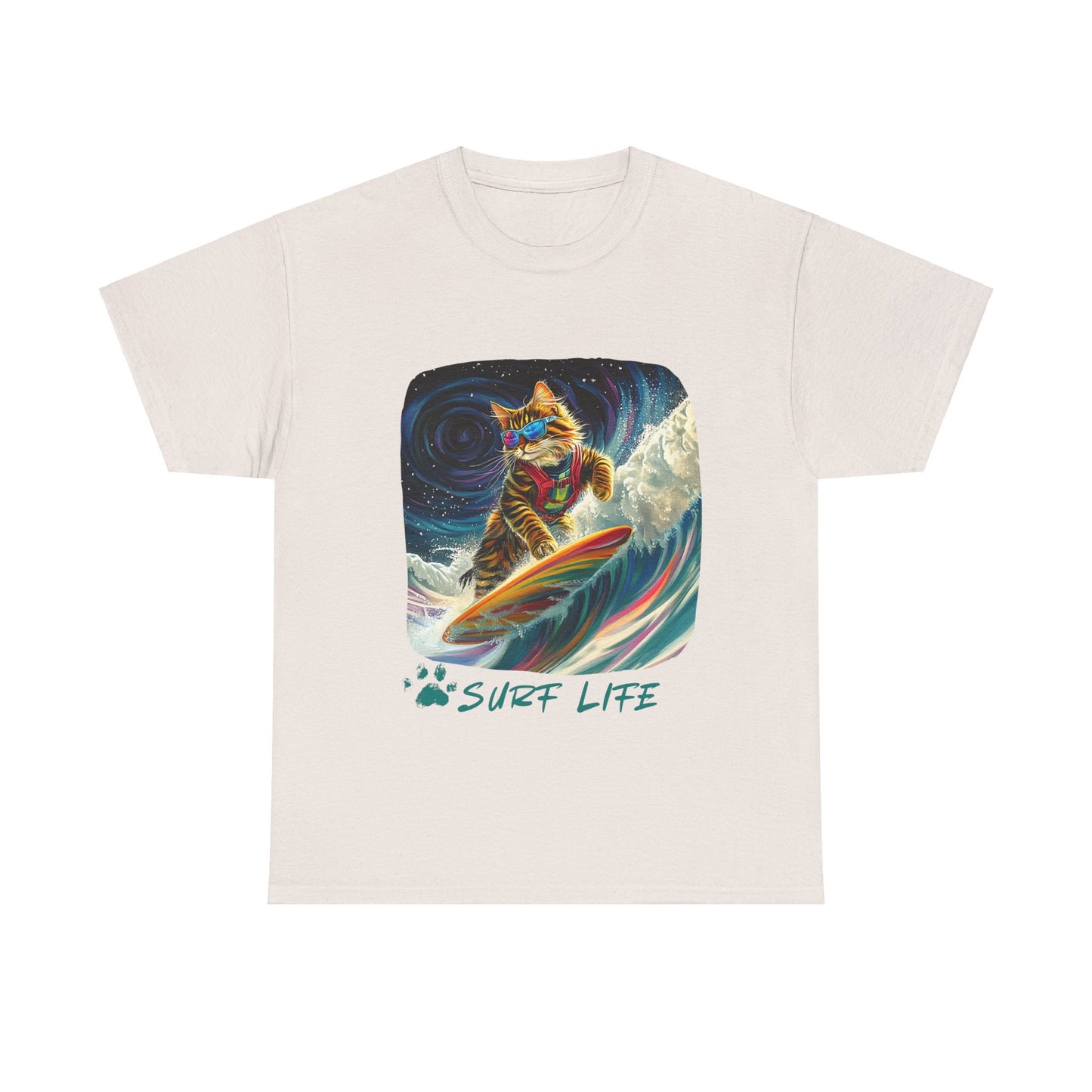 Surf LIfe - Surfer Surfing Cat Graphic Tee, Cat on Surfboard - Shirt reads "Surf Life" Cats Art Gift - Cool Cats Unisex Heavy Cotton Tee T-Shirt
