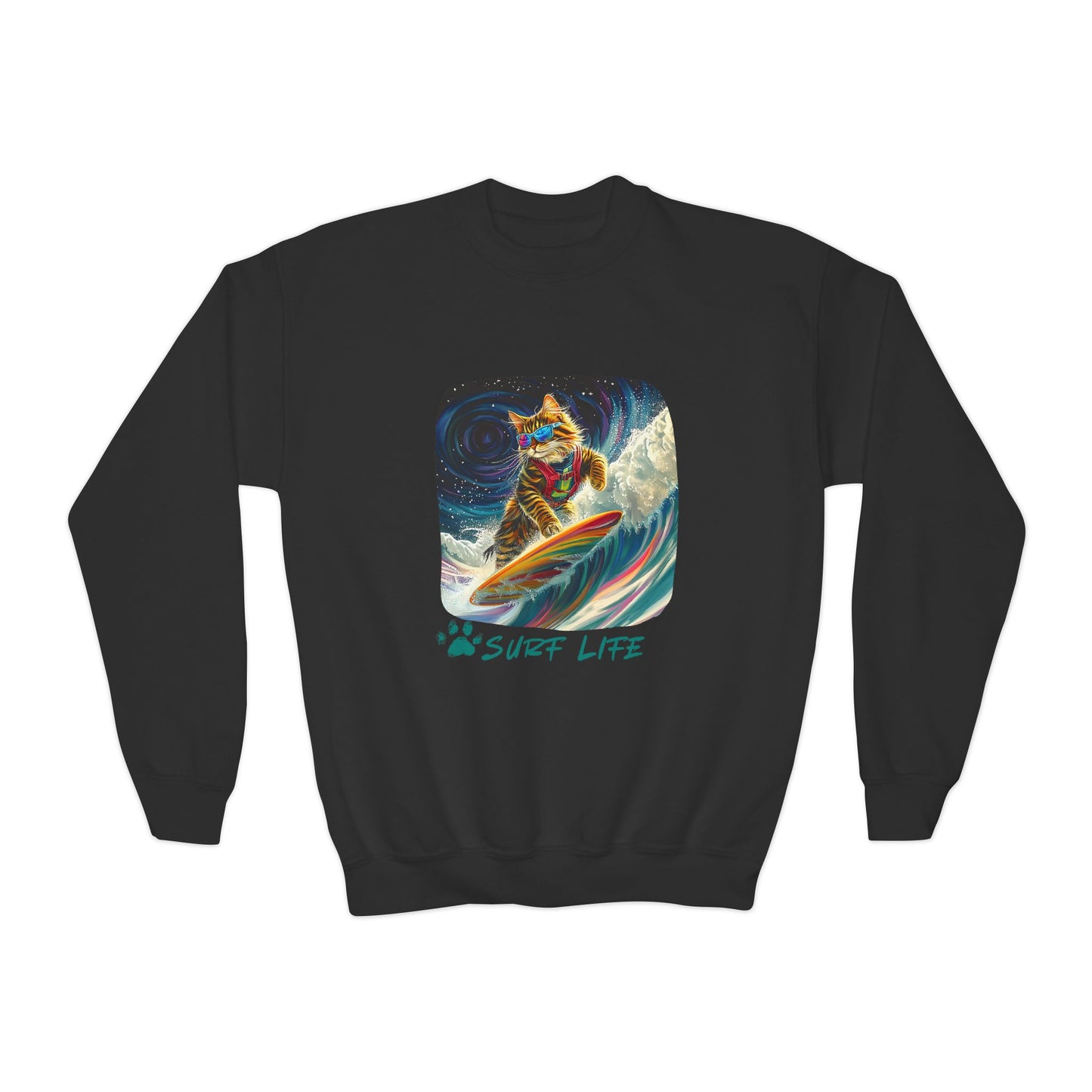Surf Life Surfer Cat for Kids Sweatshirt - Kitty Cat Shredding the Weves-Youth Crewneck Sweatshirt -Christmas Cat Gift