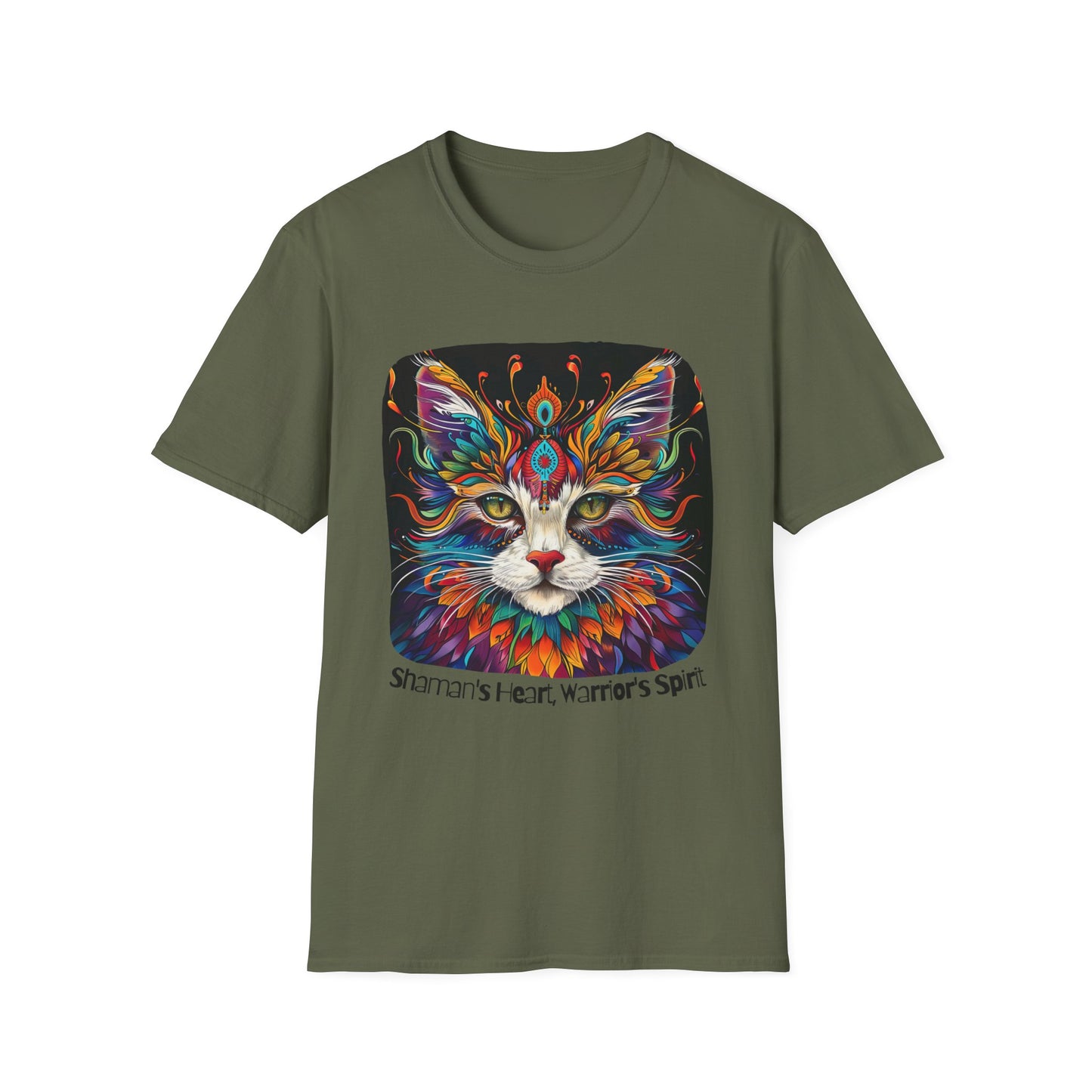 Shaman's Heart, Warrior's Spirit Graphic Cat Tee, Cat Lover's Graphic Tee Graphic Unisex T- Shirt, T-Shirt Cat Lovers Gift Softstyle T-Shirt Tee Teeshirt Stylized Cat