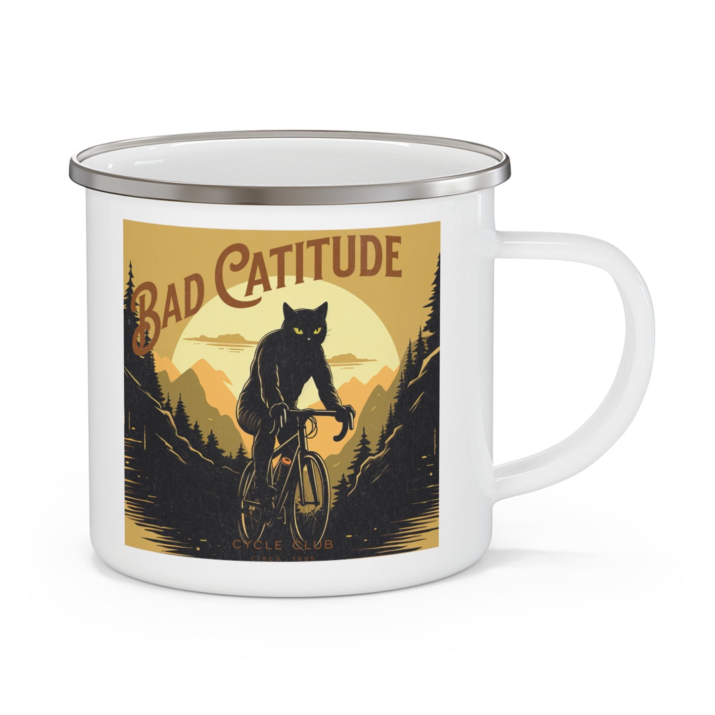 Bad Catitude Cycling Club, Cat Lover's Cat on Bicycle, Cycling Gift, Enamel Camping Mug