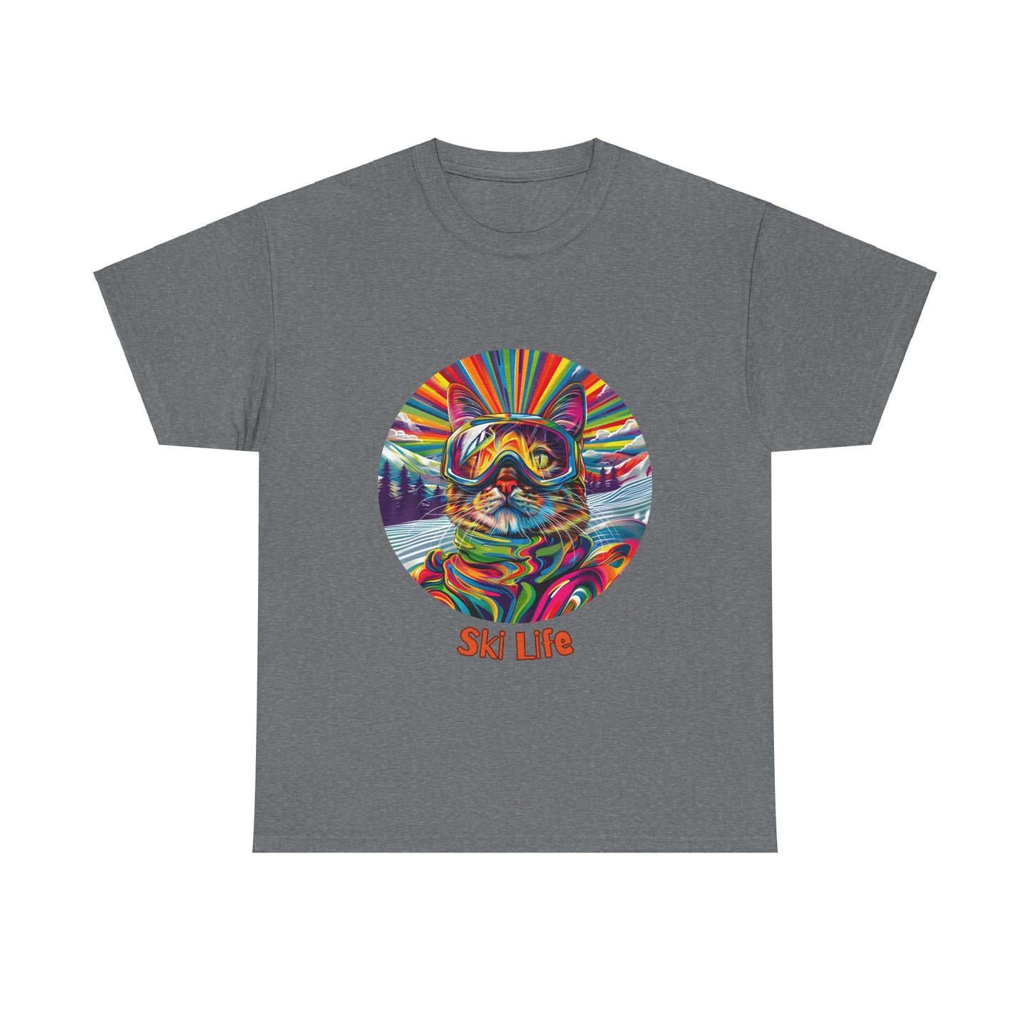 Ski Cat - "Ski Life" Snow, Snowboard Winter Sports Cat (V6) Cat Art Gift - Cool Cats Unisex Heavy Cotton Tee T-Shirt