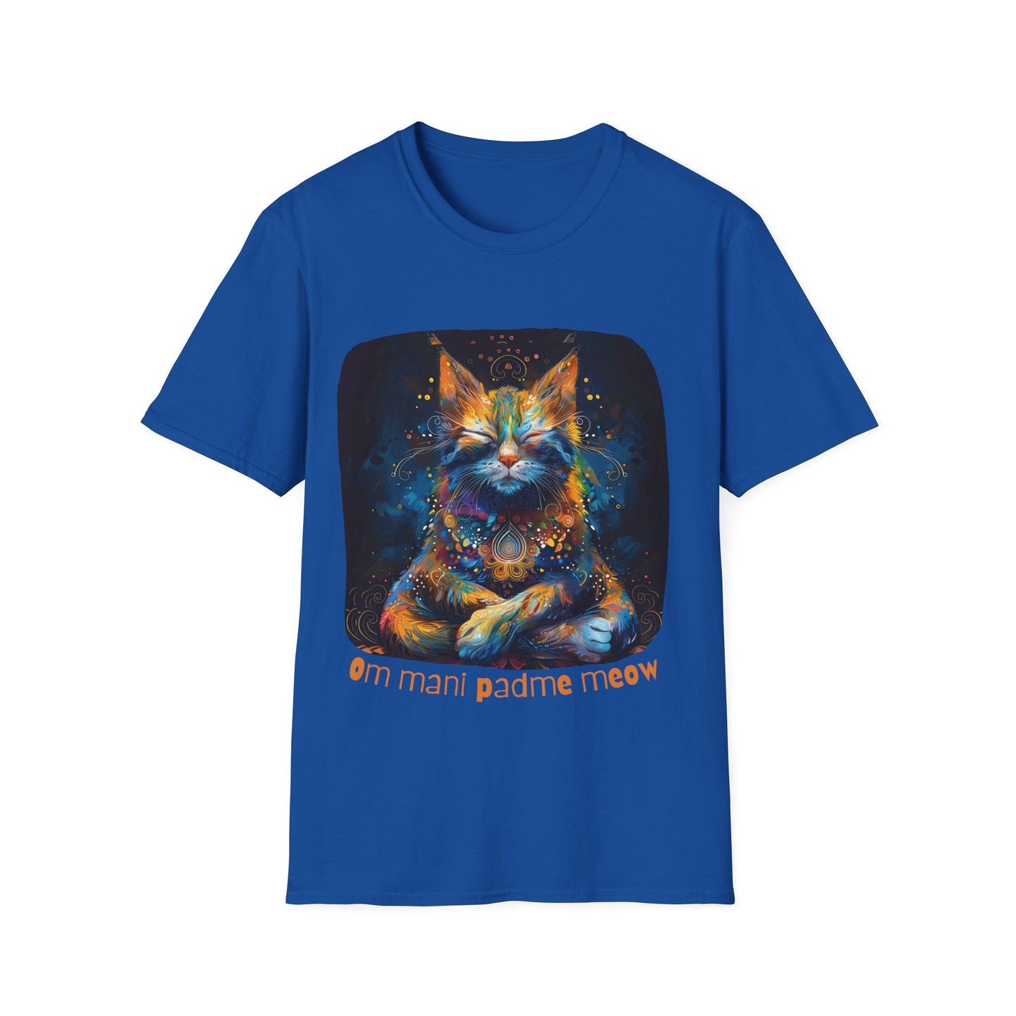 Mani Padme Meow (Version 2) - Meditating Cat Shirt, Cat Lover's Graphic Tee Graphic Unisex T- Shirt, T-Shirt Cat Lovers Gift Softstyle T-Shirt Tee Teeshirt Stylized Cat