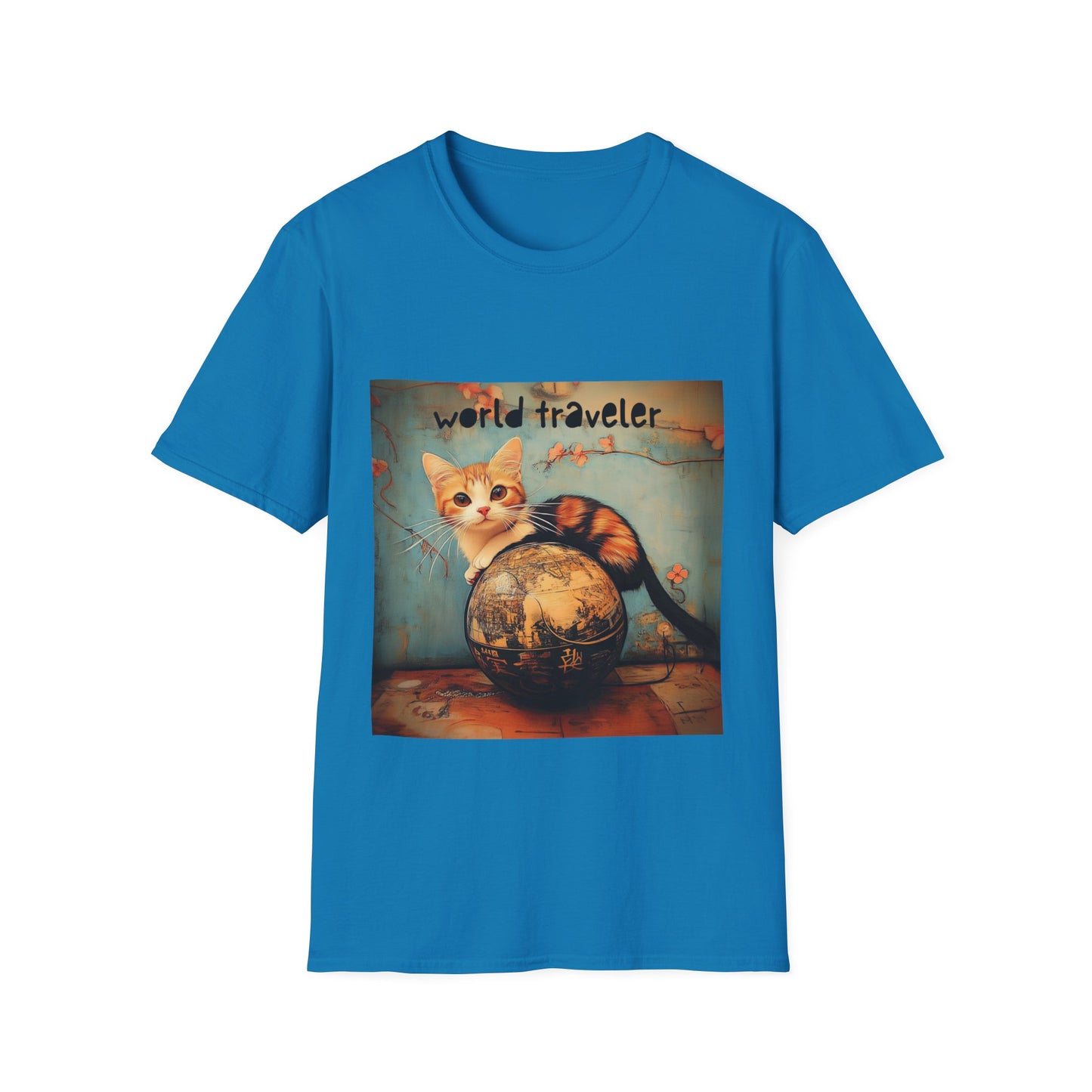 World Traveler Cute Cat Shirt, Cat Lover's Gift Graphic Tee Shirt, Text Reads "World Traveler" Unisex Softstyle T-Shirt Tee Teeshirt Retro