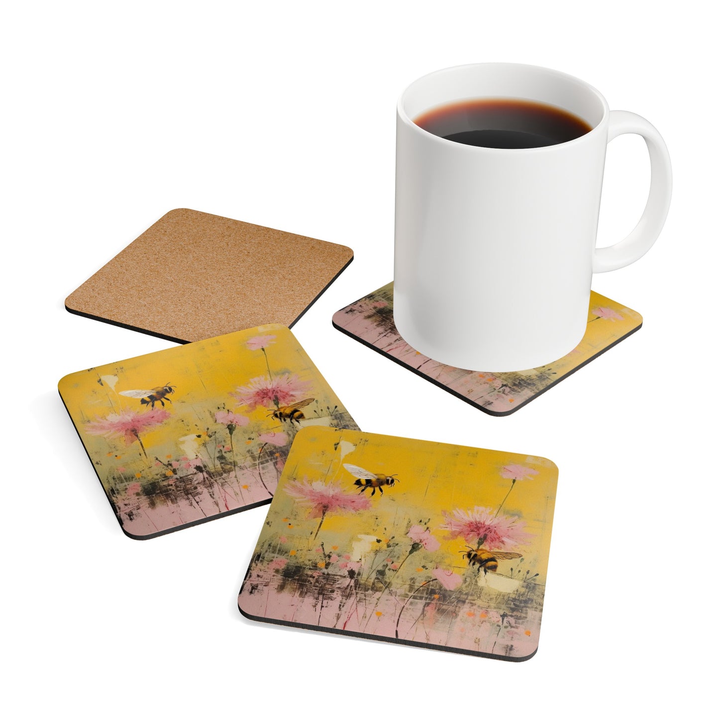Bees in a Garden, Bee Lover Gift, Bees in the Spring, Save the Bees, Folk Art Gift, Corkwood Coaster Set