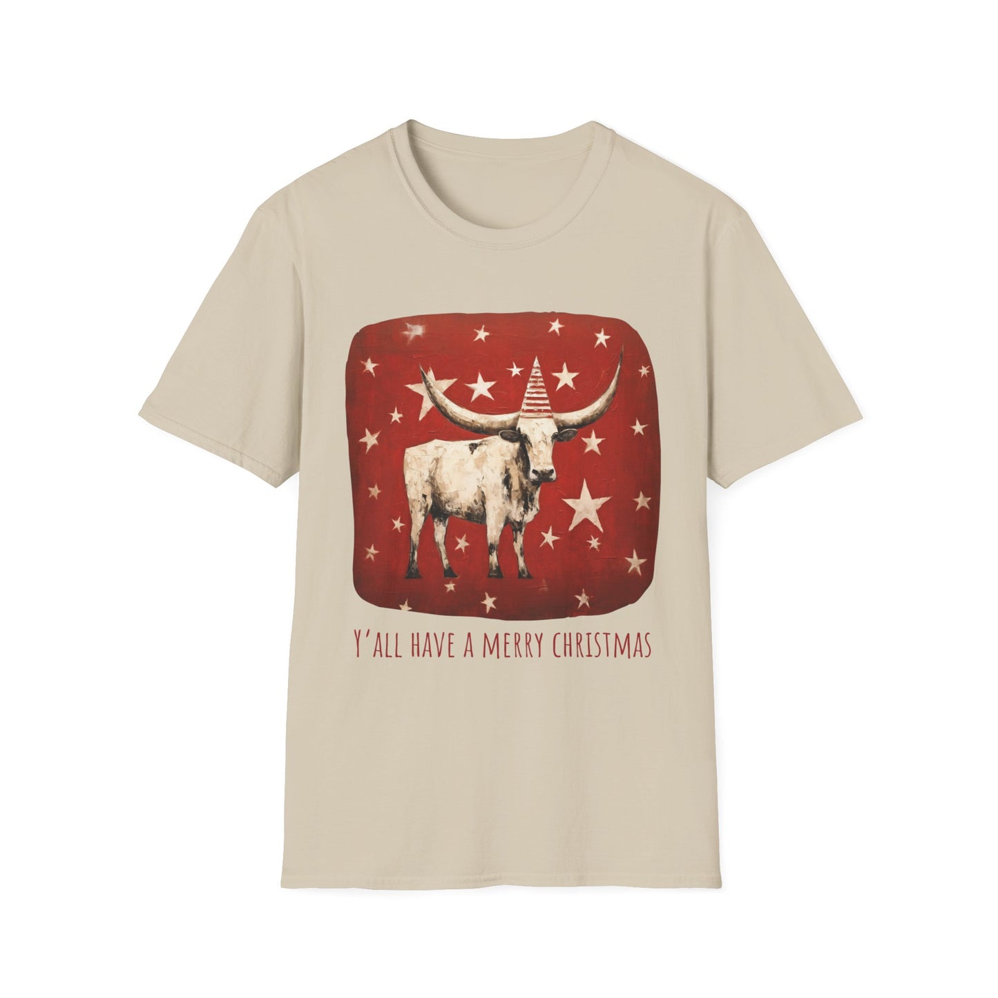 "Y'all Have a Merry Christmas" Southern Christmas Greeting, Longhorn Cattle Rodeo Shirt, Longhorn Cattle Texas Oklahoma Gift Unisex Tee Shirt, T-Shirt Graphic Tee T-Shirt