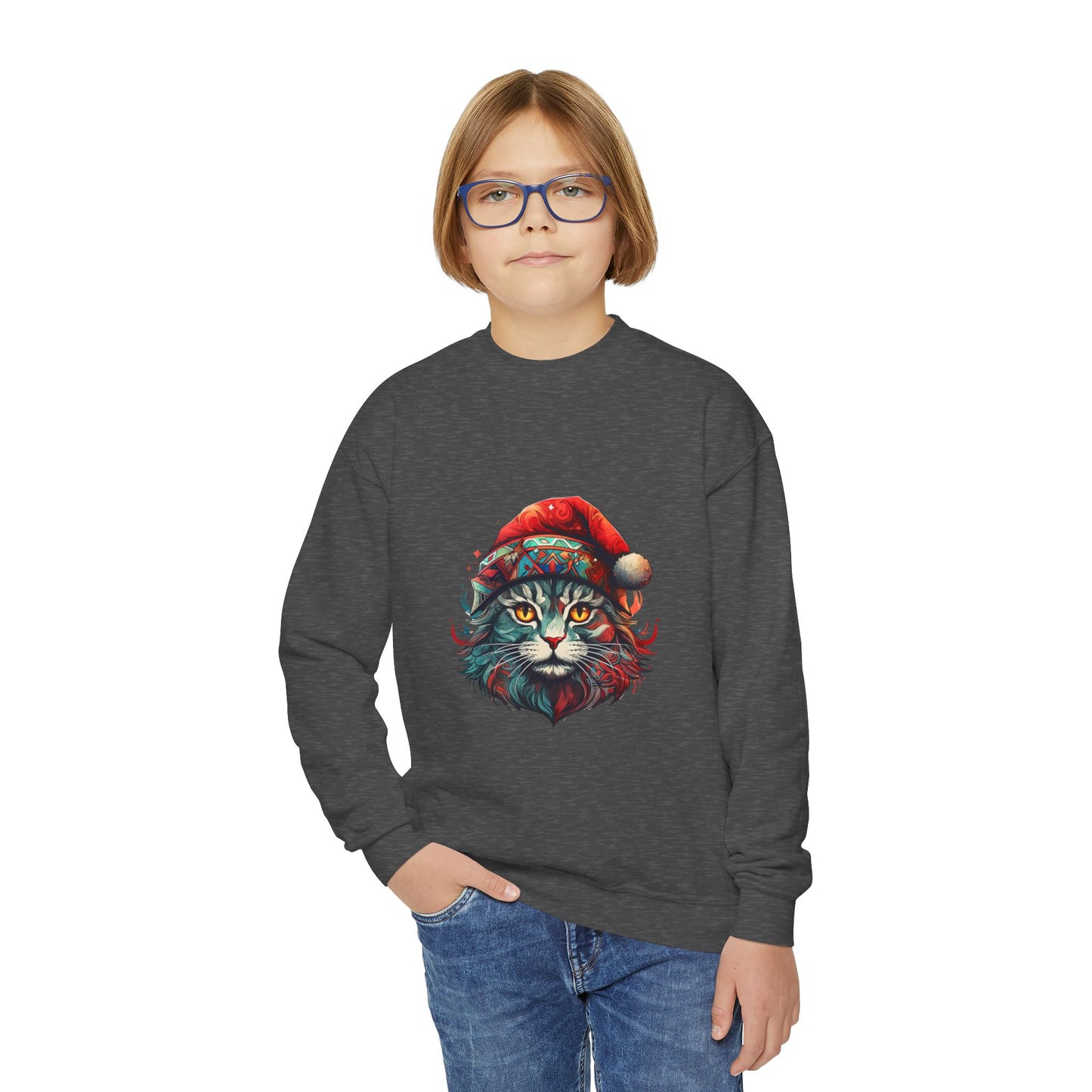 Christmas Cats in Santa Hats- Cats in Santa Hats Kids Sweatshirt - Adorable Youth Crewneck Sweatshirt -Christmas Cat Gift