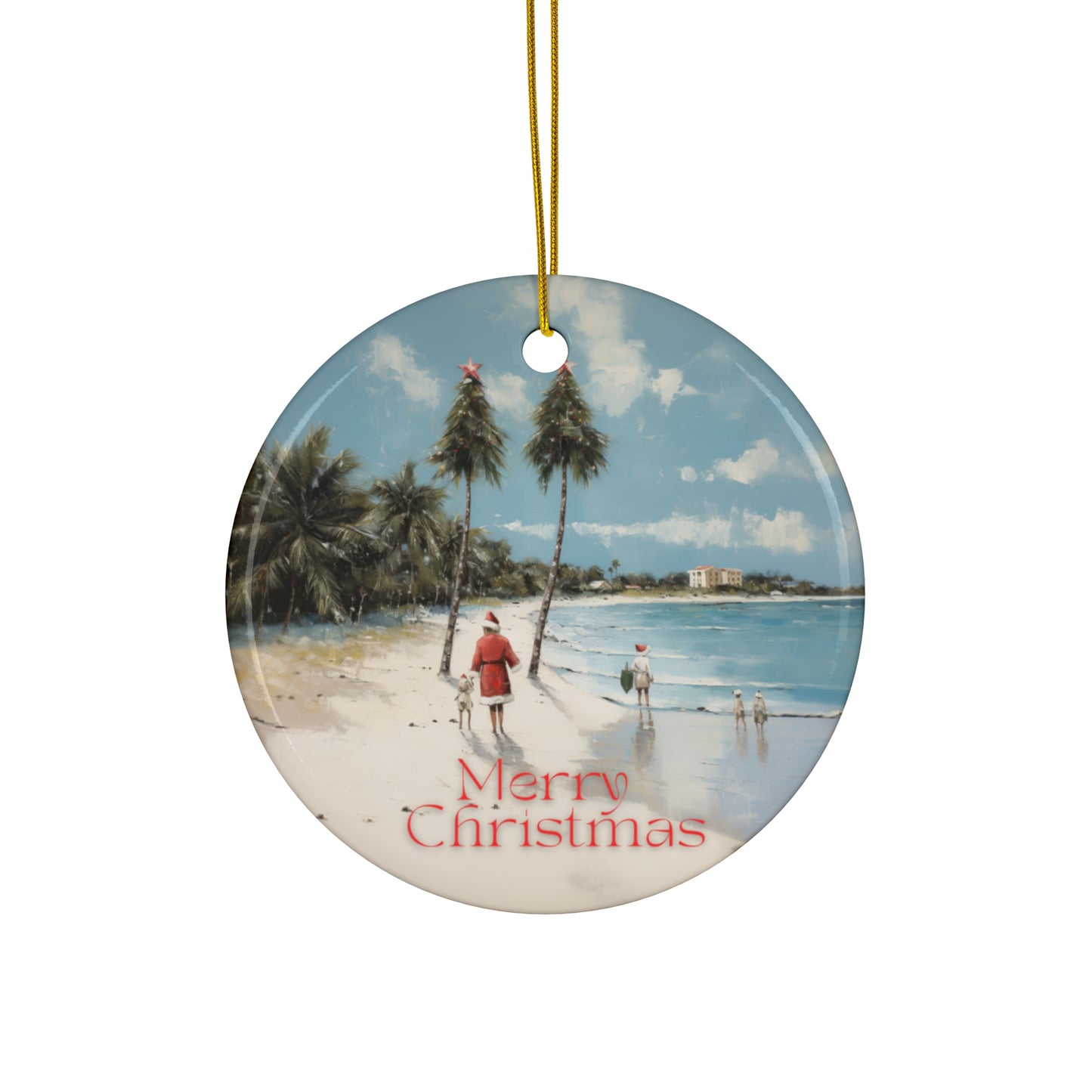 Santa on the Beach - "Merry Christmas" Florida, Tropical, Sailing Sailboat Seaside Greetings - Christmas Tree Keepsake Ornament Ceramic - Seas and Greetings