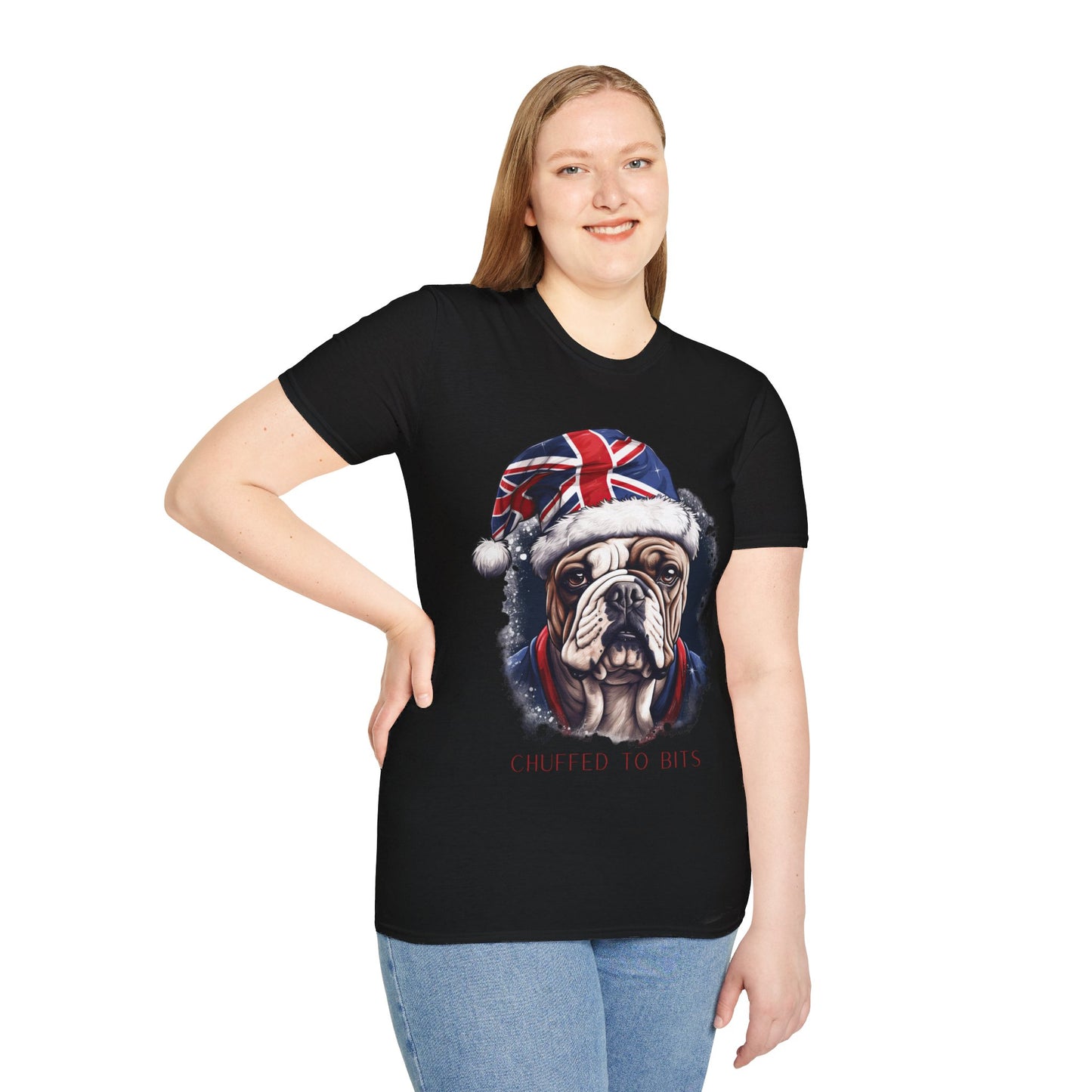 English Bulldog, Chuffed To Bits T-Shirt, British Union Jack, Mens Womans Unisex Shirt Softstyle T-Shirt Teeshirt Anglophile