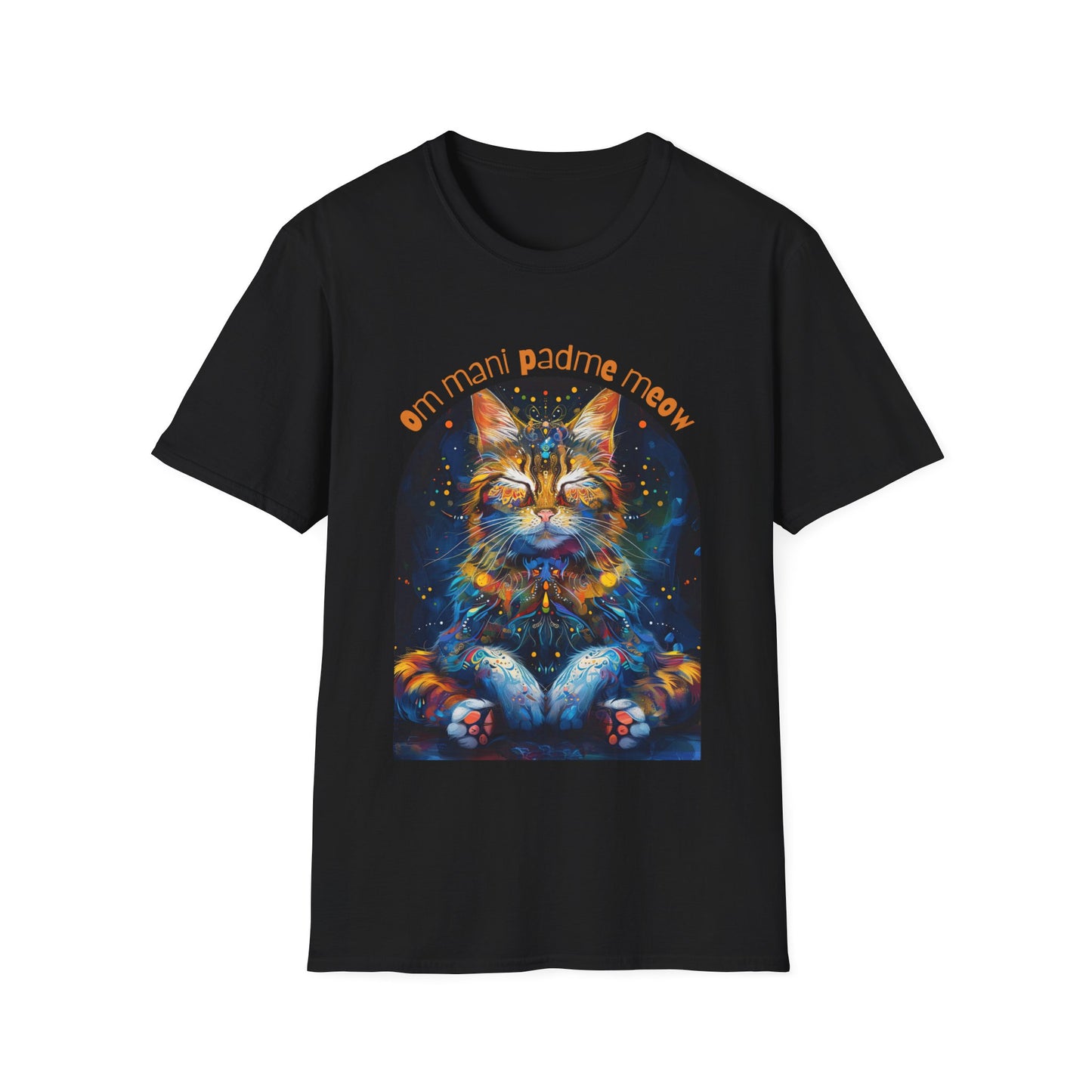 Om Mani Padme Meow (Ver 3) - Meditating Cat Shirt, Cat Lover's Graphic Tee Graphic Unisex T- Shirt, T-Shirt Cat Lovers Gift Softstyle T-Shirt Tee Teeshirt Stylized Cat