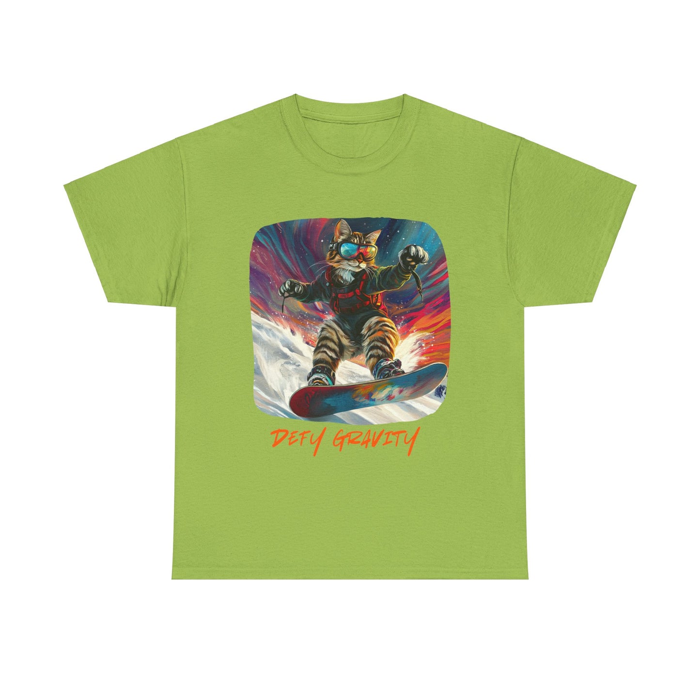 Defy Gravity Snowboard Cat Graphic Tee - Extreme Winter Sports Ski Cat Art Gift - Cool Cats Unisex Heavy Cotton Tee T-Shirt