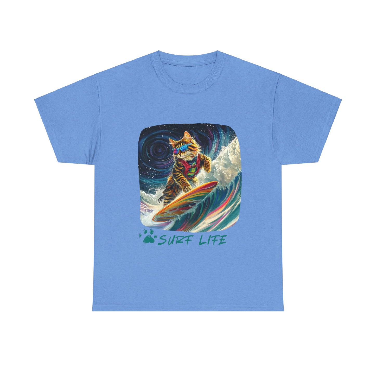 Surf LIfe - Surfer Surfing Cat Graphic Tee, Cat on Surfboard - Shirt reads "Surf Life" Cats Art Gift - Cool Cats Unisex Heavy Cotton Tee T-Shirt