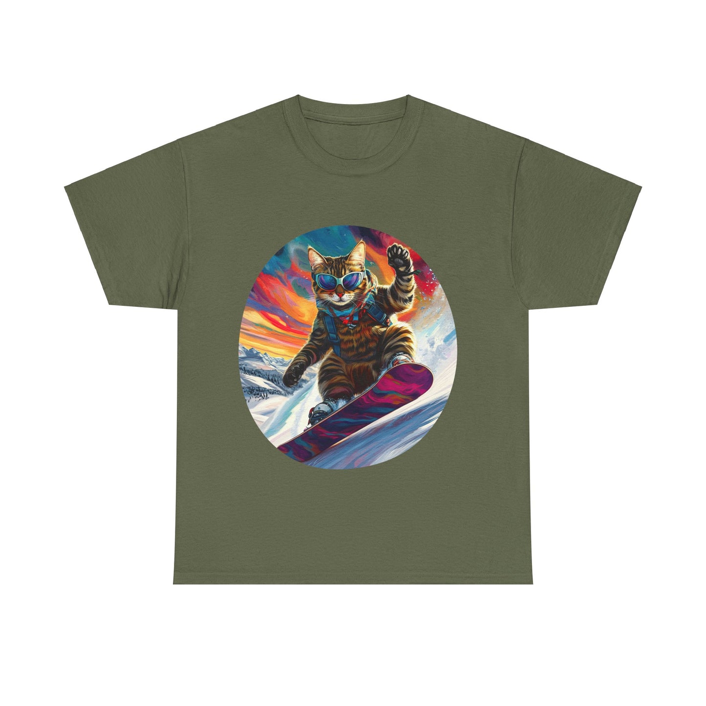 Snowboard Cat (V4) Extreme Winter Sports Ski Cat Art Gift - Cool Cats Unisex Heavy Cotton Tee T-Shirt