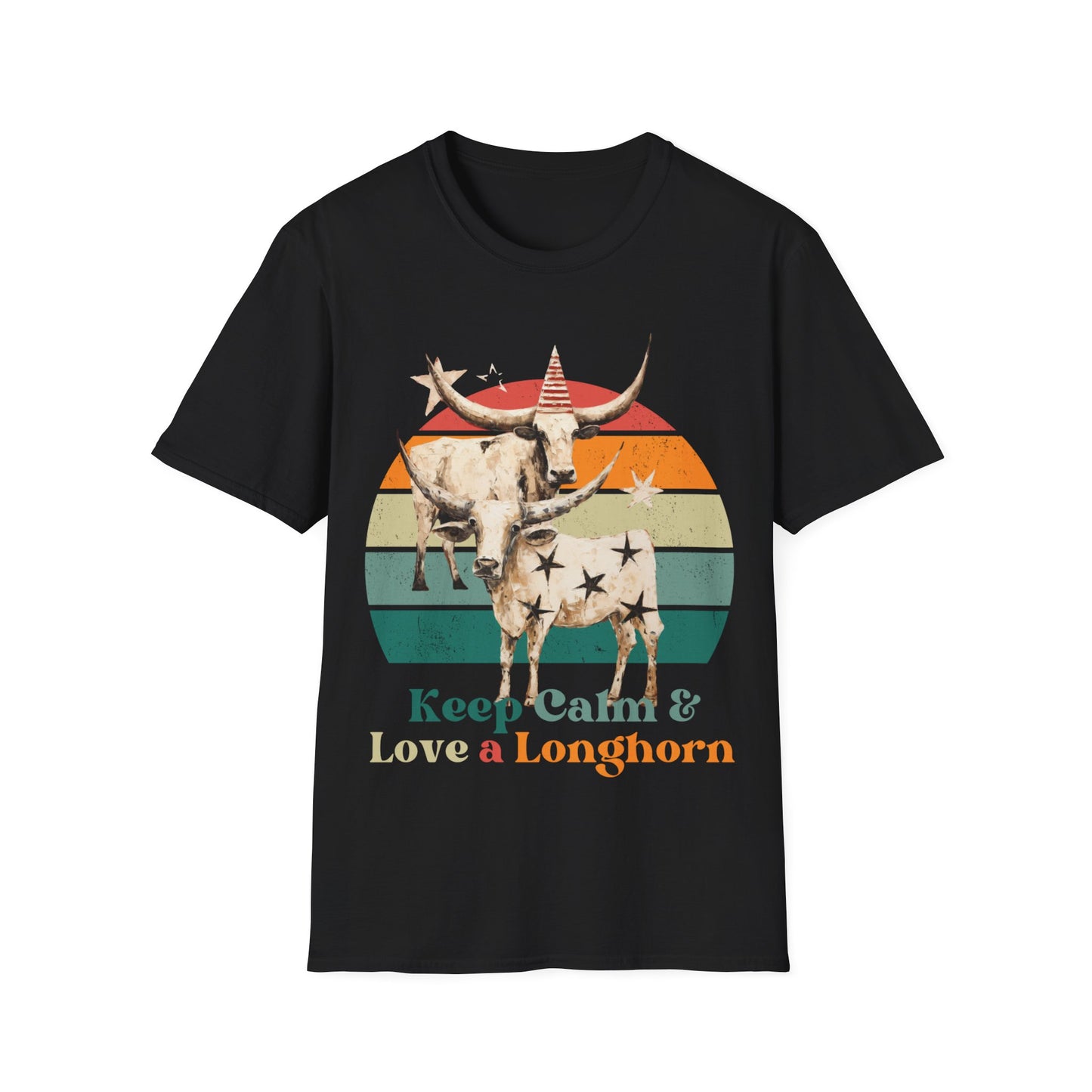 Retro Longhorn Texas Style "Keel Calm & Love a Longhorn" Cattle, Rodeo, Texas Star, Graphic T-Shirt, Texas Softstyle Unisex Tee Shirt - 60s 70s Vibe- Keep Calm Shirt