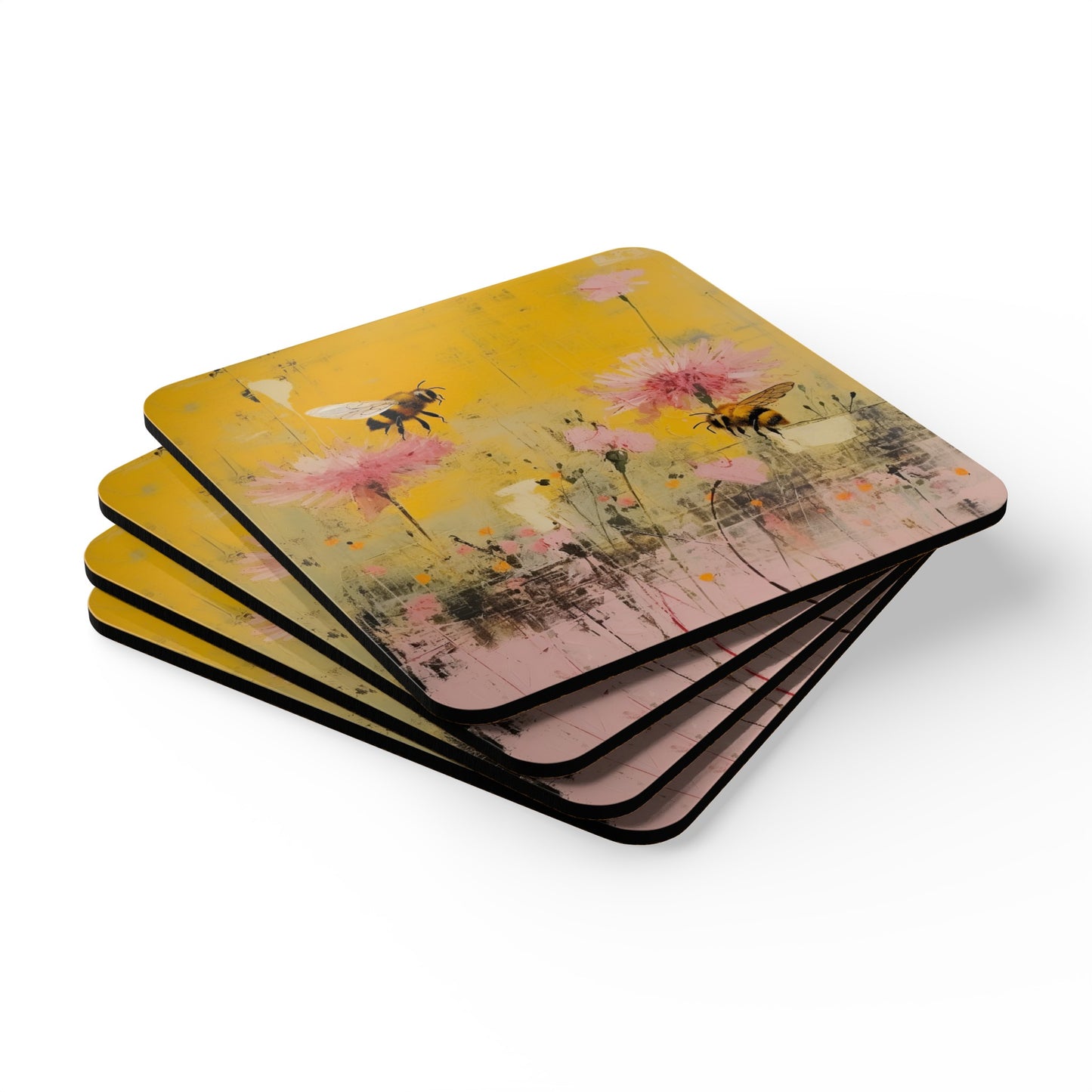 Bees in a Garden, Bee Lover Gift, Bees in the Spring, Save the Bees, Folk Art Gift, Corkwood Coaster Set