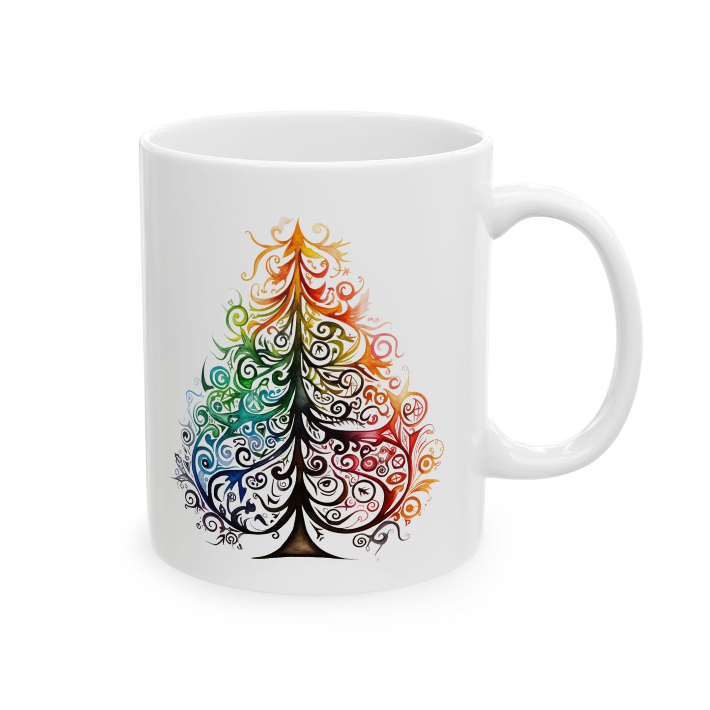 Tribal Art Style Christmas Tree Gift Mug, Printed Art, Christmas Family Artistic Tree, Ceramic Mug 11oz Colorful, Bright and Cheery