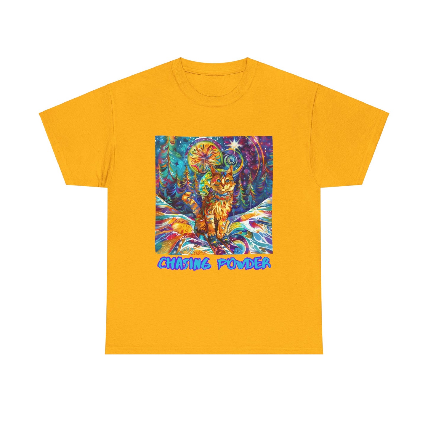 Chasing Powder - Snow, Snowboard Winter Sports Cat (V3) Cat Art Graphic Tee, Ski Gift - Cool Cats Unisex Heavy Cotton Tee T-Shirt