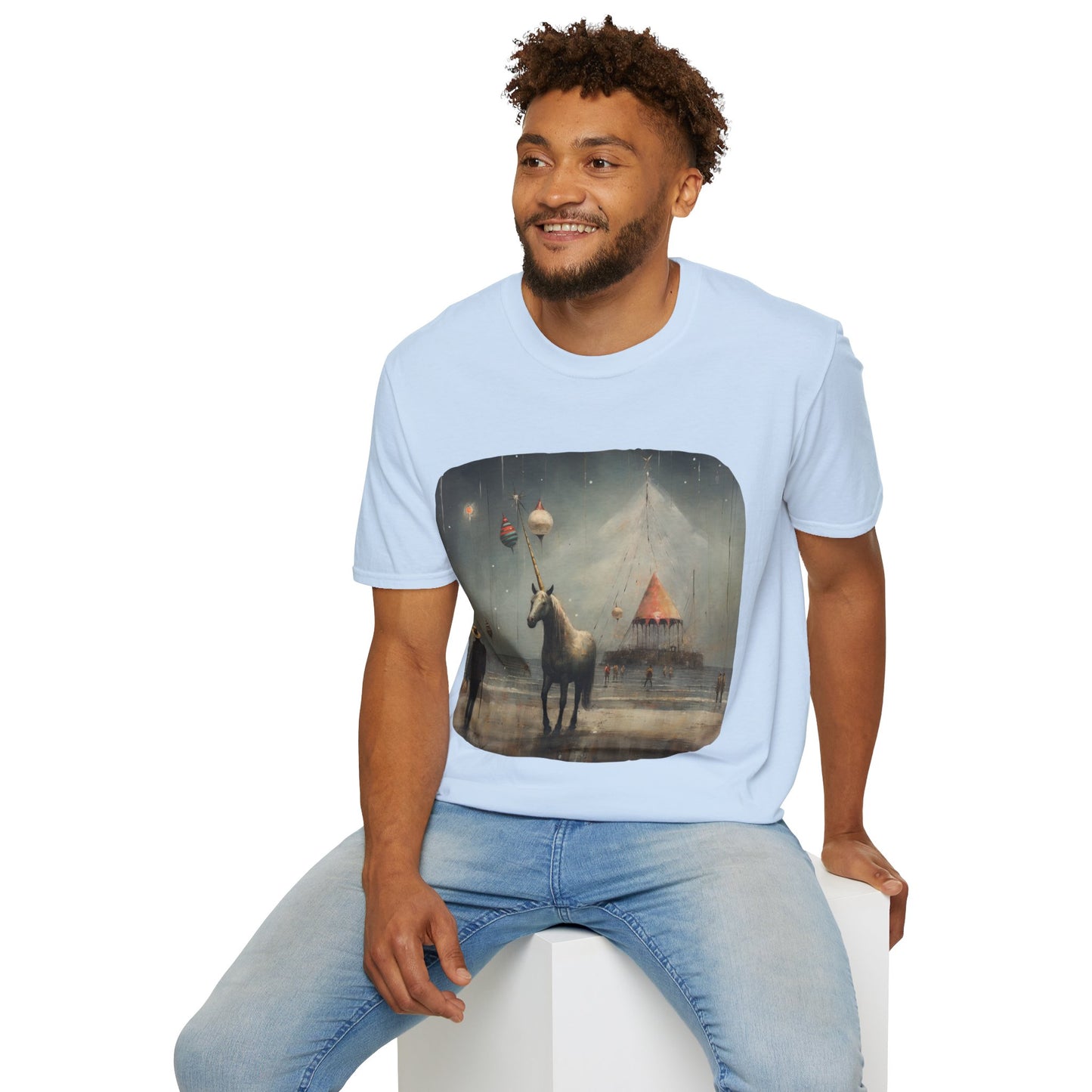 Unicorn with Holiday Ornament, Unicorn Christmas Gift Unisex Tee Shirt, T-Shirt Softstyle T-Shirt