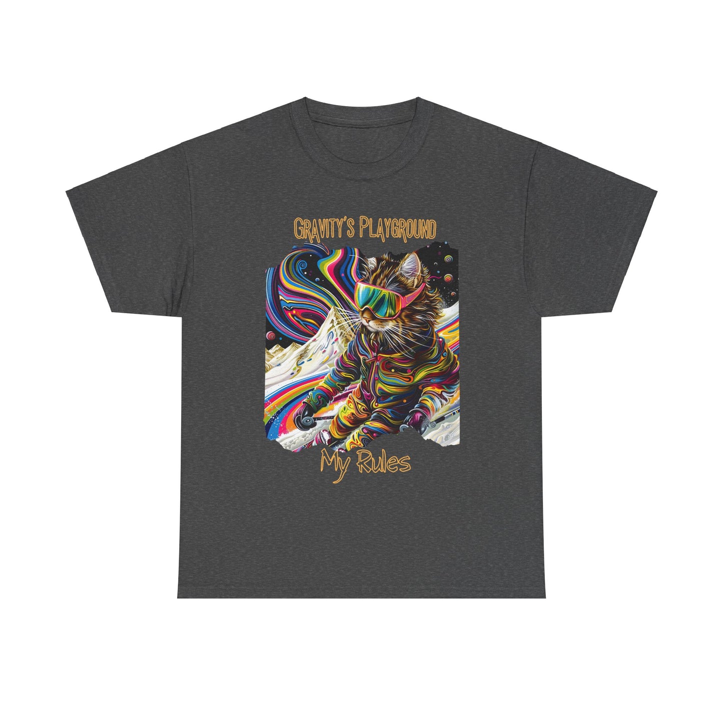 Gravity's Playground, MY Rules - Ski, Snow, Snowboard Winter Sports Cat (V2) Cat Art Gift -Cool Cats Graphic Tee Unisex Heavy Cotton Tee T-Shirt