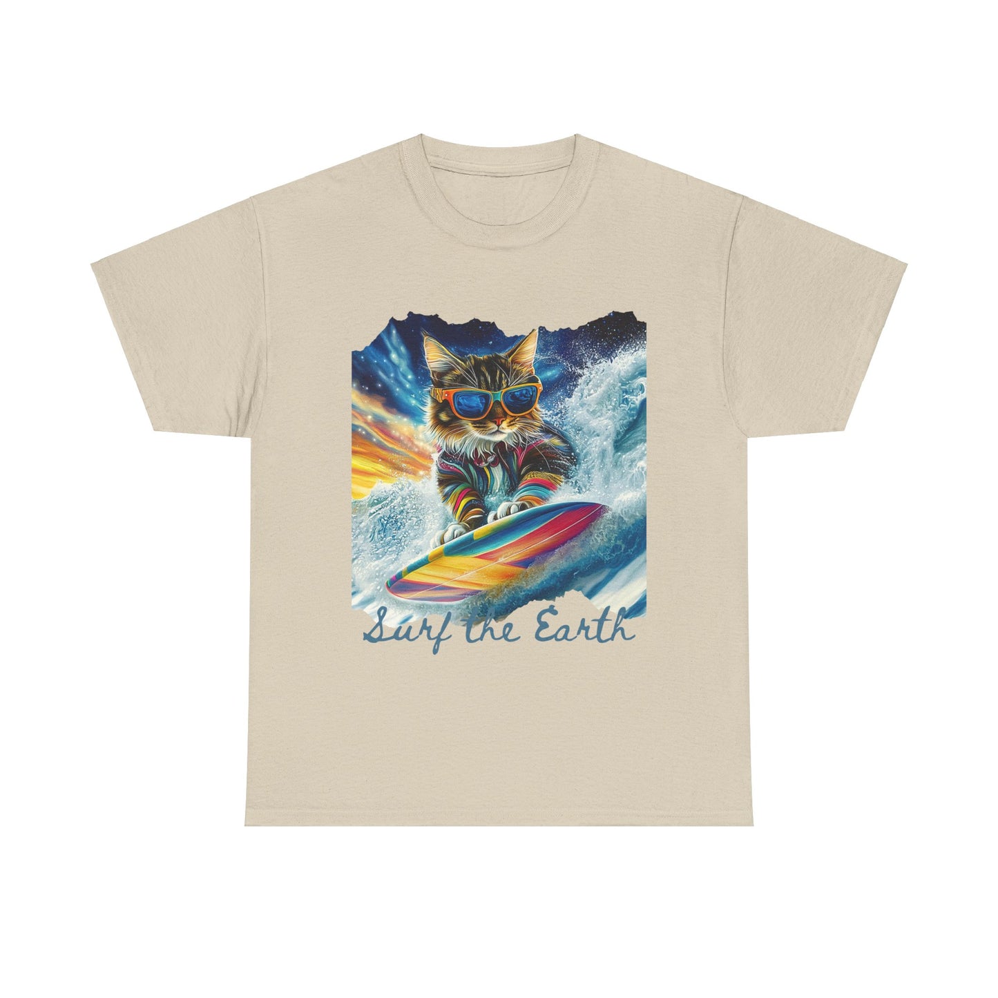 Surf Surfer Cat, "Surf the Earth", Cat on Surfboard Graphic Tee- Water Sports Cat (V1) Cat Art Gift - Cool Cats Unisex Heavy Cotton Tee T-Shirt