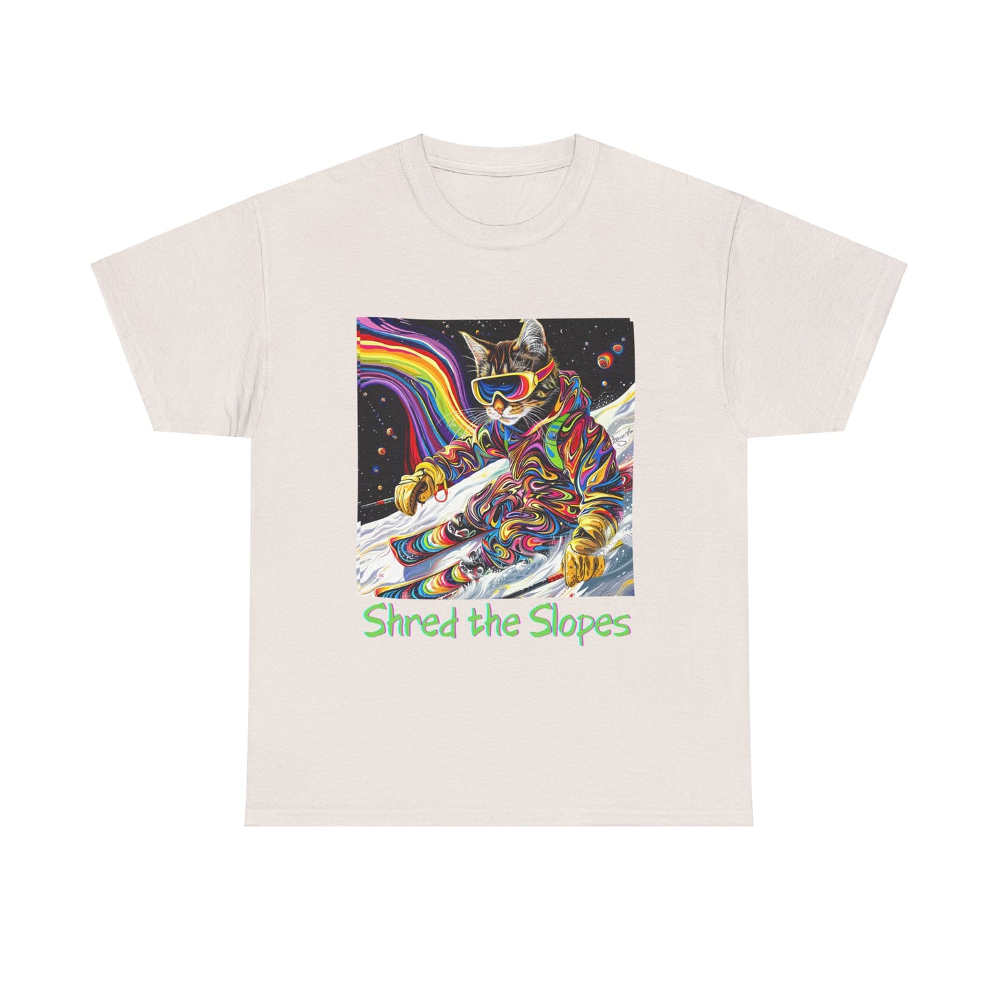 Shred the Slopes - Ski, Snow, Snowboard Winter Sports Cat Cat Art Graphic Tee, Ski Gift - Cool Cats Unisex Heavy Cotton Tee T-Shirt