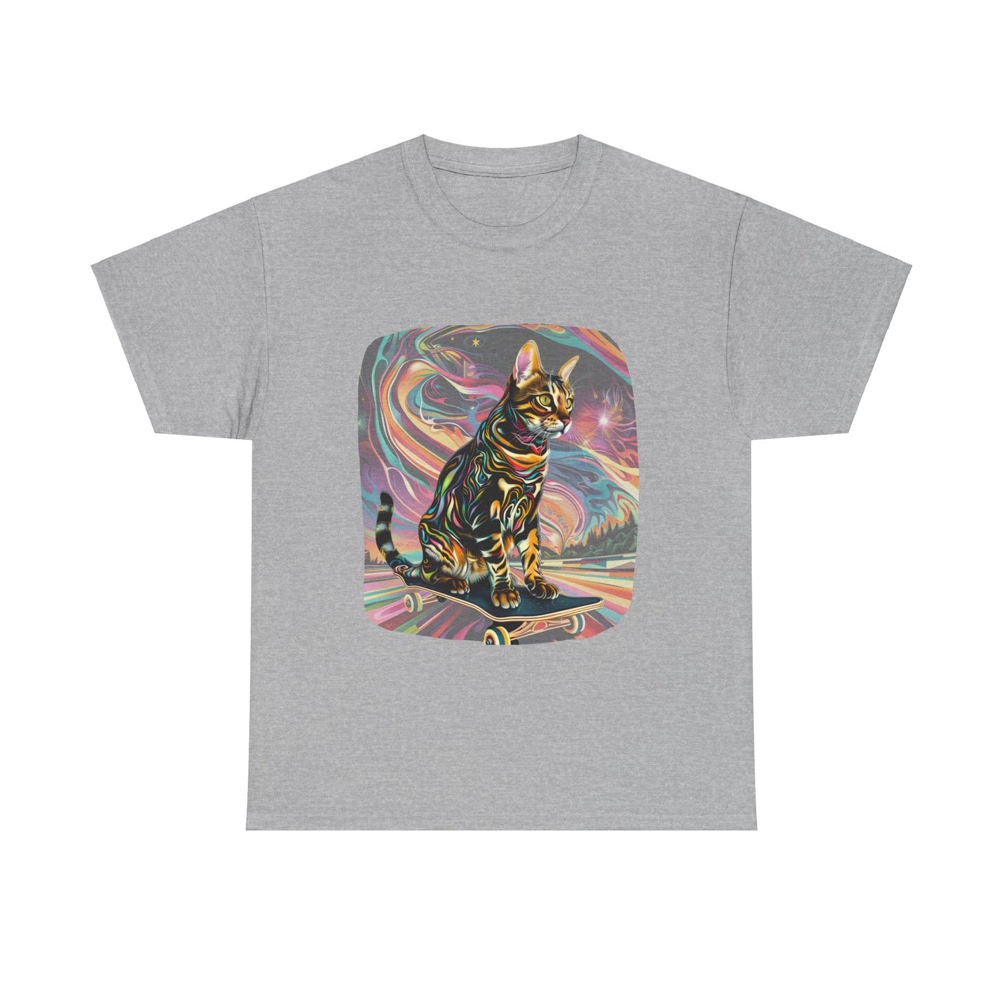 Skateboard Cat, (V2) Skater Cat Art Gift - Cool Cats Unisex Heavy Cotton Tee T-Shirt