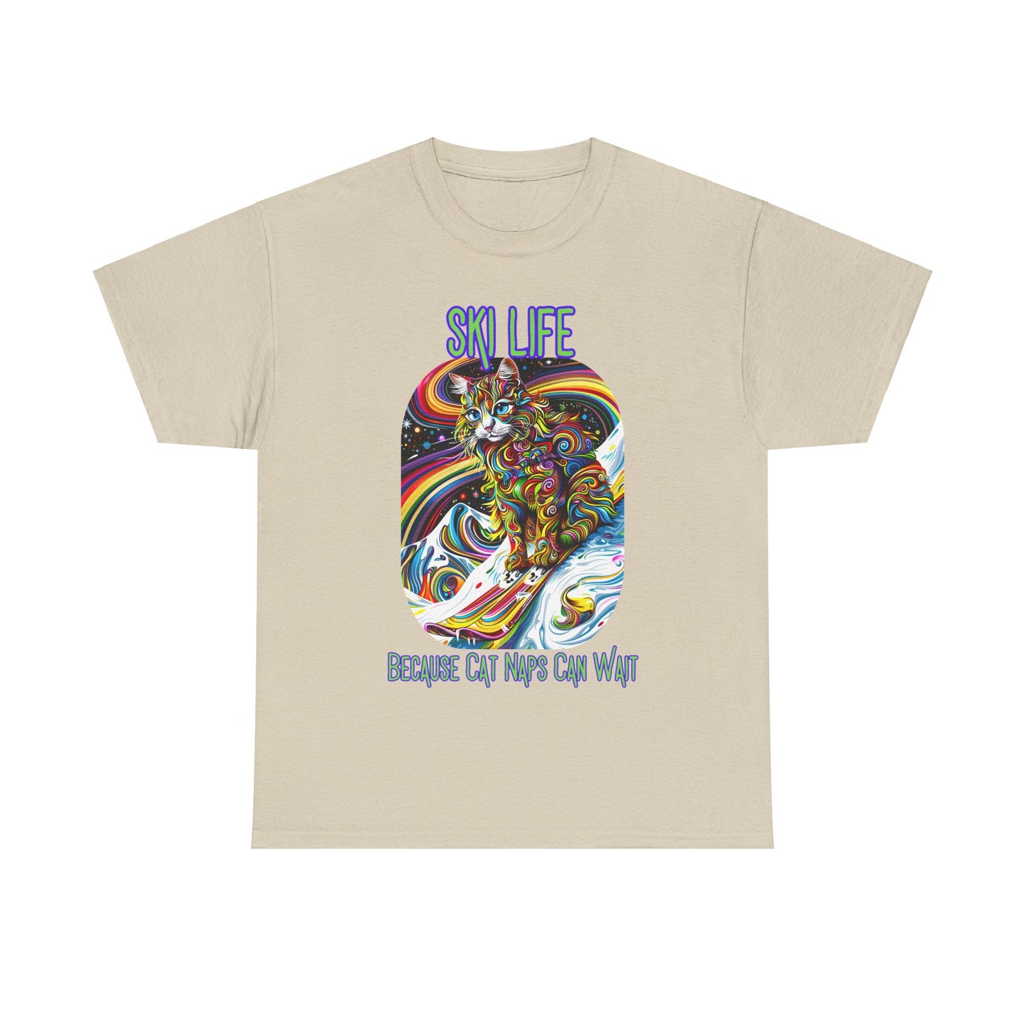 Ski Life- Because Cat Naps Can Wait - "Ski,, snow, Snowboard Winter Sports Cat (V2) Cat Art Gift -Cool Cats Graphic Tee Unisex Heavy Cotton Tee T-Shirt