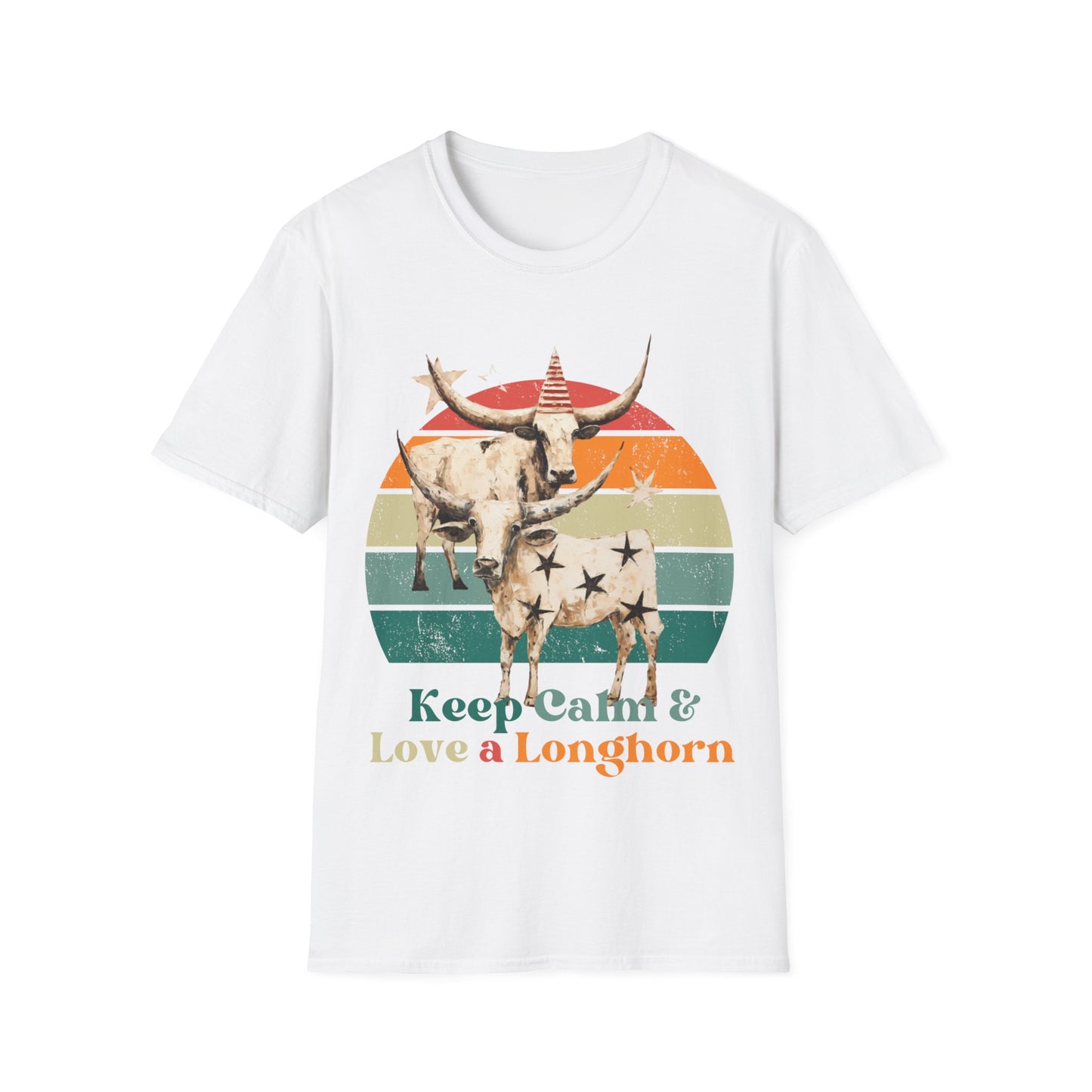Retro Longhorn Texas Style "Keel Calm & Love a Longhorn" Cattle, Rodeo, Texas Star, Graphic T-Shirt, Texas Softstyle Unisex Tee Shirt - 60s 70s Vibe- Keep Calm Shirt