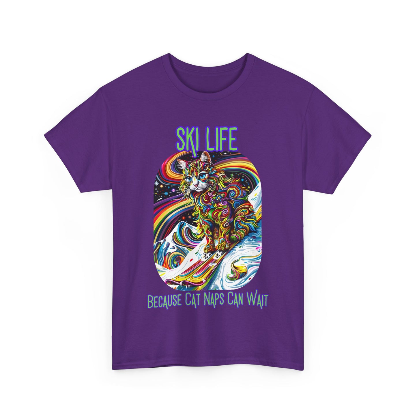Ski Life- Because Cat Naps Can Wait - "Ski,, snow, Snowboard Winter Sports Cat (V2) Cat Art Gift -Cool Cats Graphic Tee Unisex Heavy Cotton Tee T-Shirt