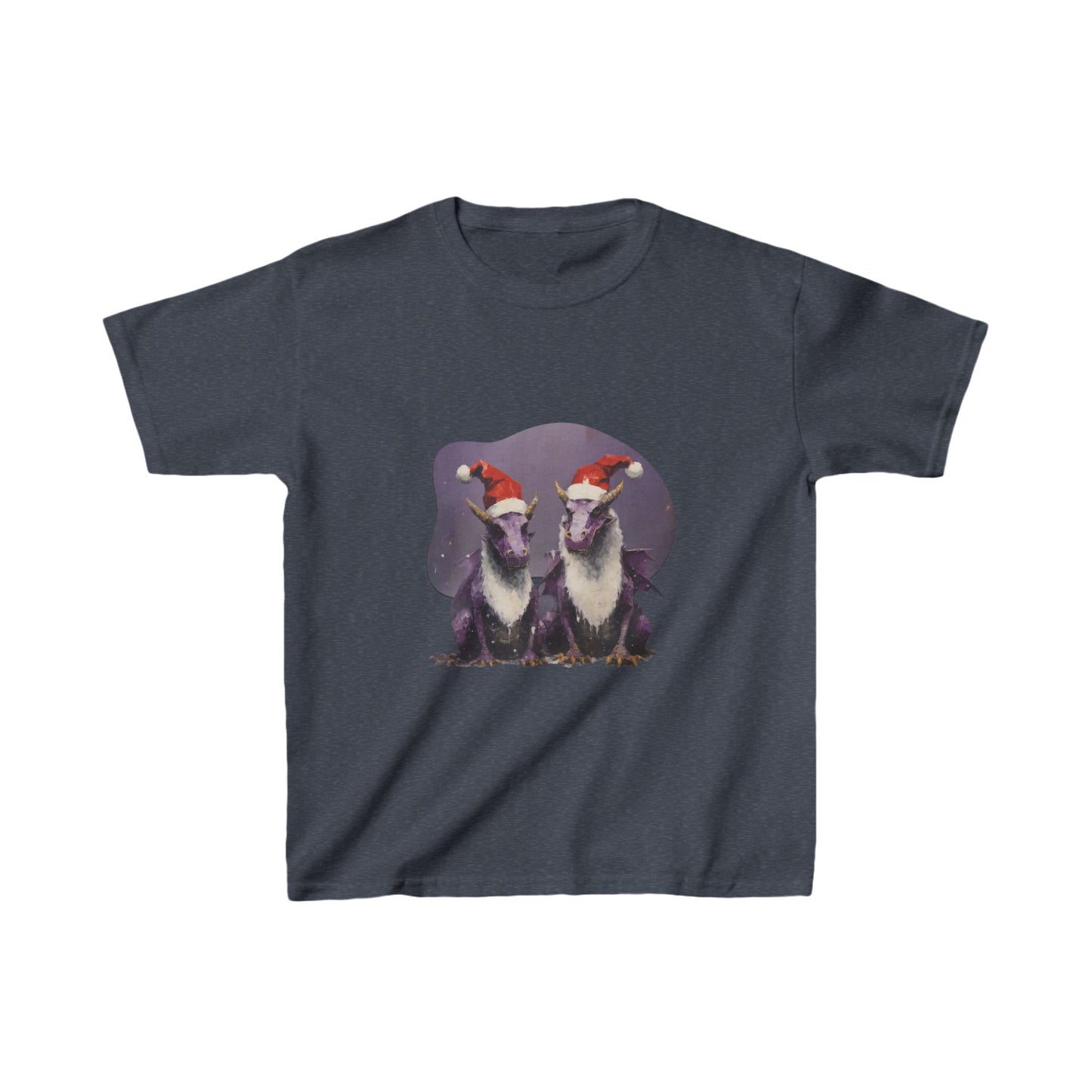 Christmas Dragons, Unisex, Kids Heavy Cotton™ Tee, T-Shirt, Boys Girls Teeshirt, Purple Dragon With Santa Hat- Multi color tee