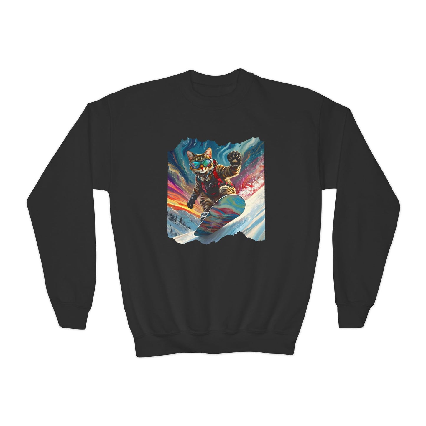 Shredding Snowboard Cat for Kids Sweatshirt - Colorful Snowboard Kitty, Kids Youth Crewneck Sweatshirt