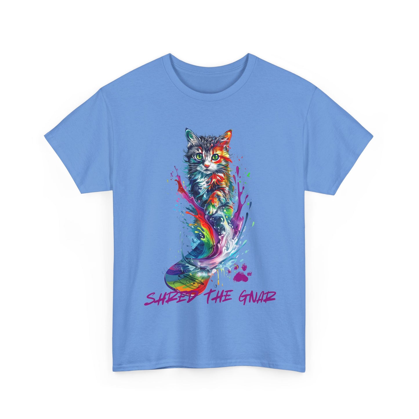 Shred the Gnar Snowboard Cat Graphic Tee, Winter Cat Art Gift - Cool Cats Unisex Heavy Cotton Tee T-Shirt