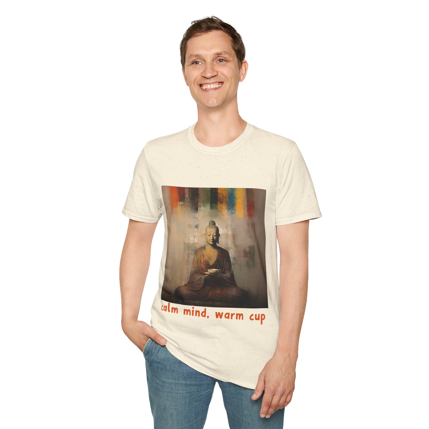 Calm Mind, Warm Cup Coffee Lover Peace Gift, Zen Coffee Buda Buddha Budda Unisex Jersey Short Sleeve Tee Shirt, Softstyle T-Shirt Men Woman