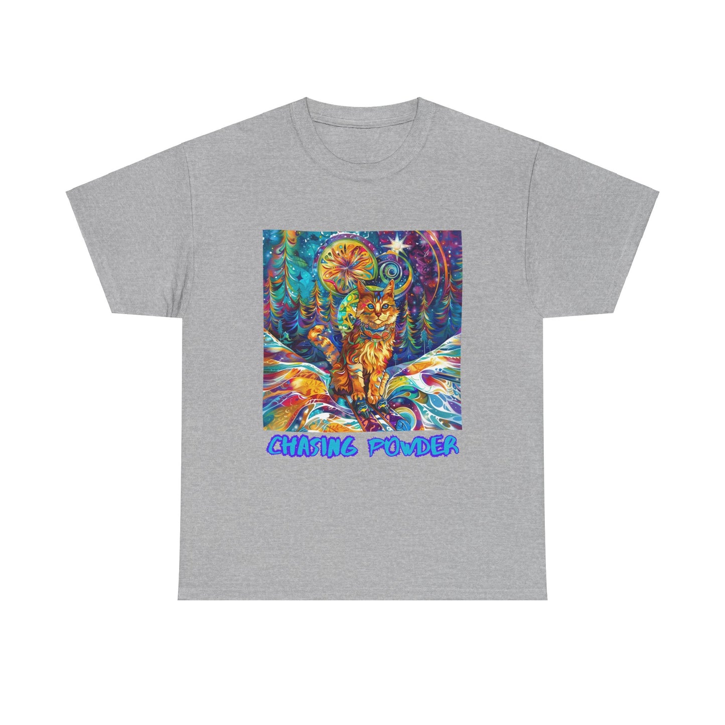 Chasing Powder - Snow, Snowboard Winter Sports Cat (V3) Cat Art Graphic Tee, Ski Gift - Cool Cats Unisex Heavy Cotton Tee T-Shirt