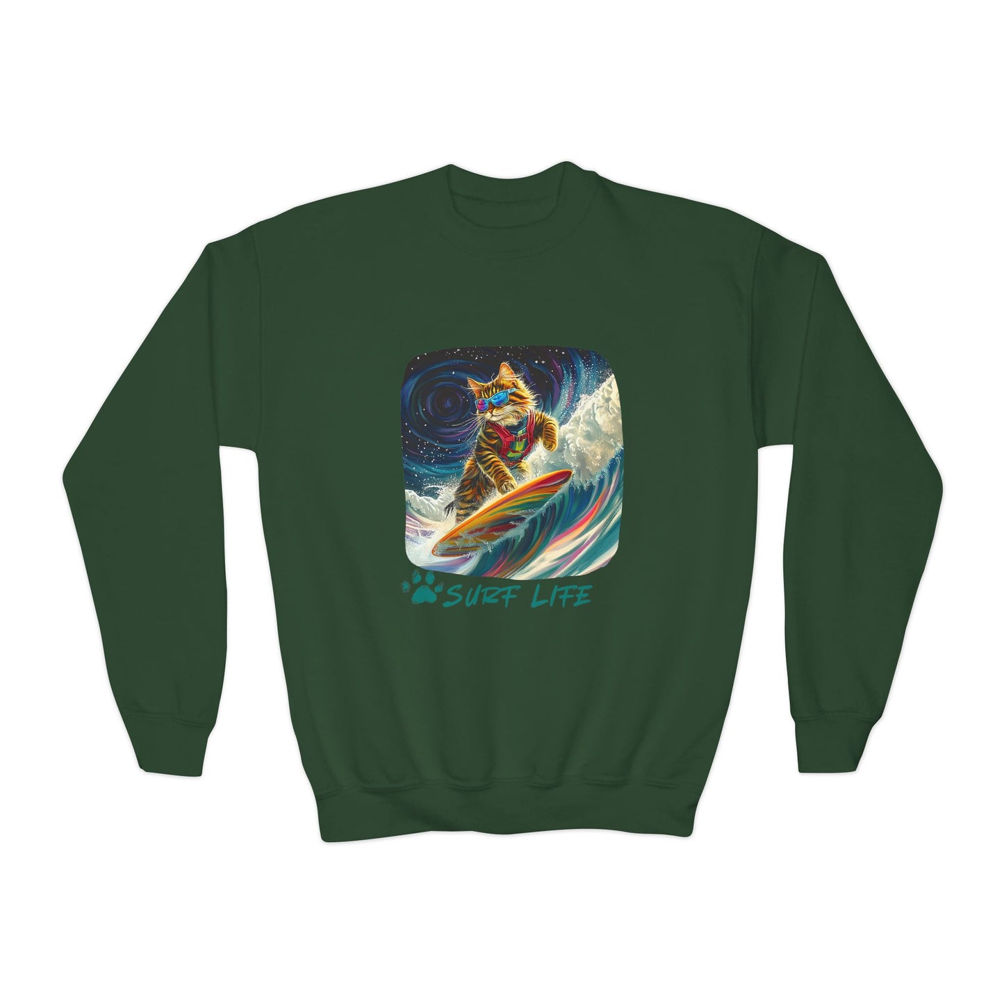 Surf Life Surfer Cat for Kids Sweatshirt - Kitty Cat Shredding the Weves-Youth Crewneck Sweatshirt -Christmas Cat Gift