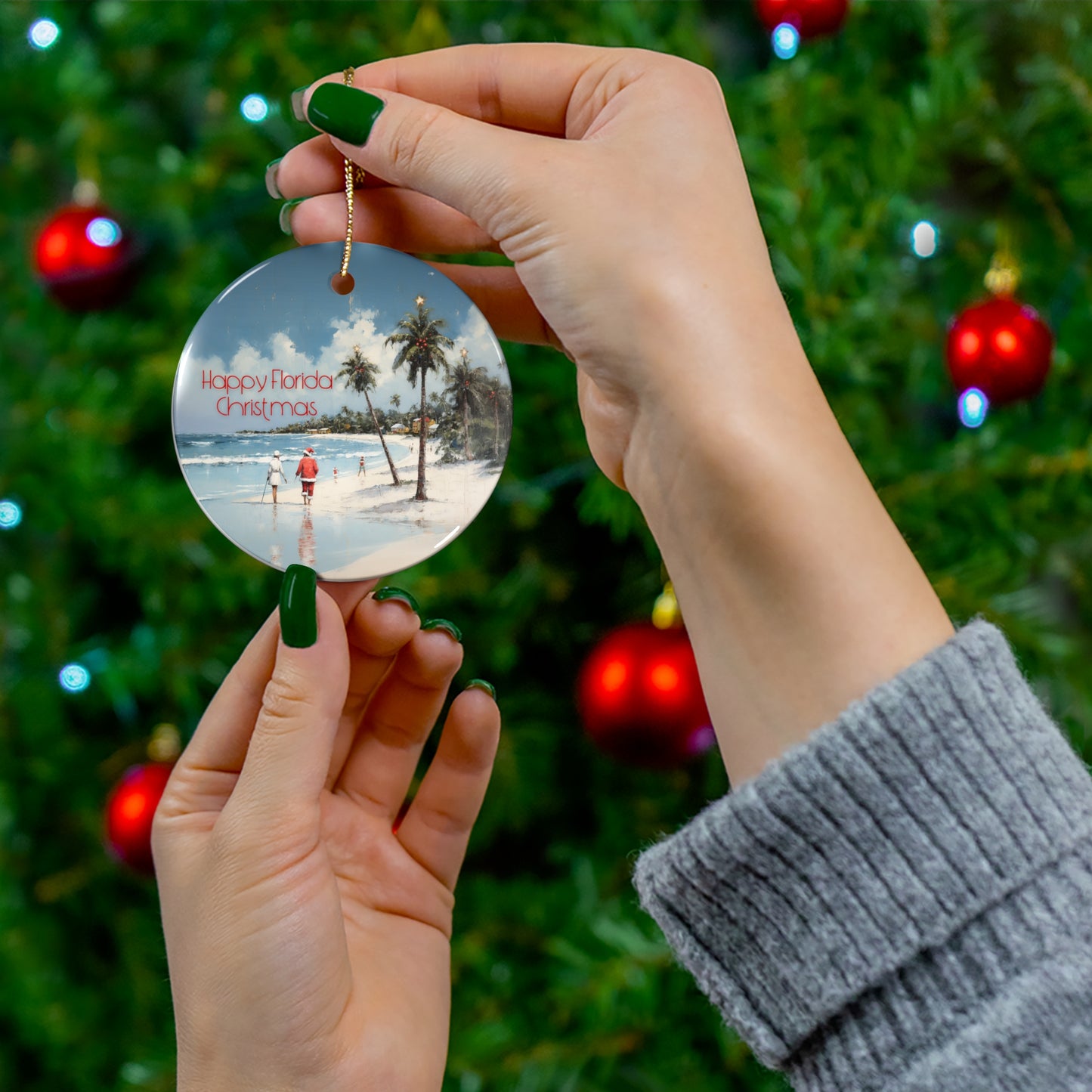 Happy Florida Christmas! Florida, Tropical, Sailing Sailboat Seaside Christmas Greetings - Christmas Tree Keepsake Ornament Ceramic - Seas and Greetings