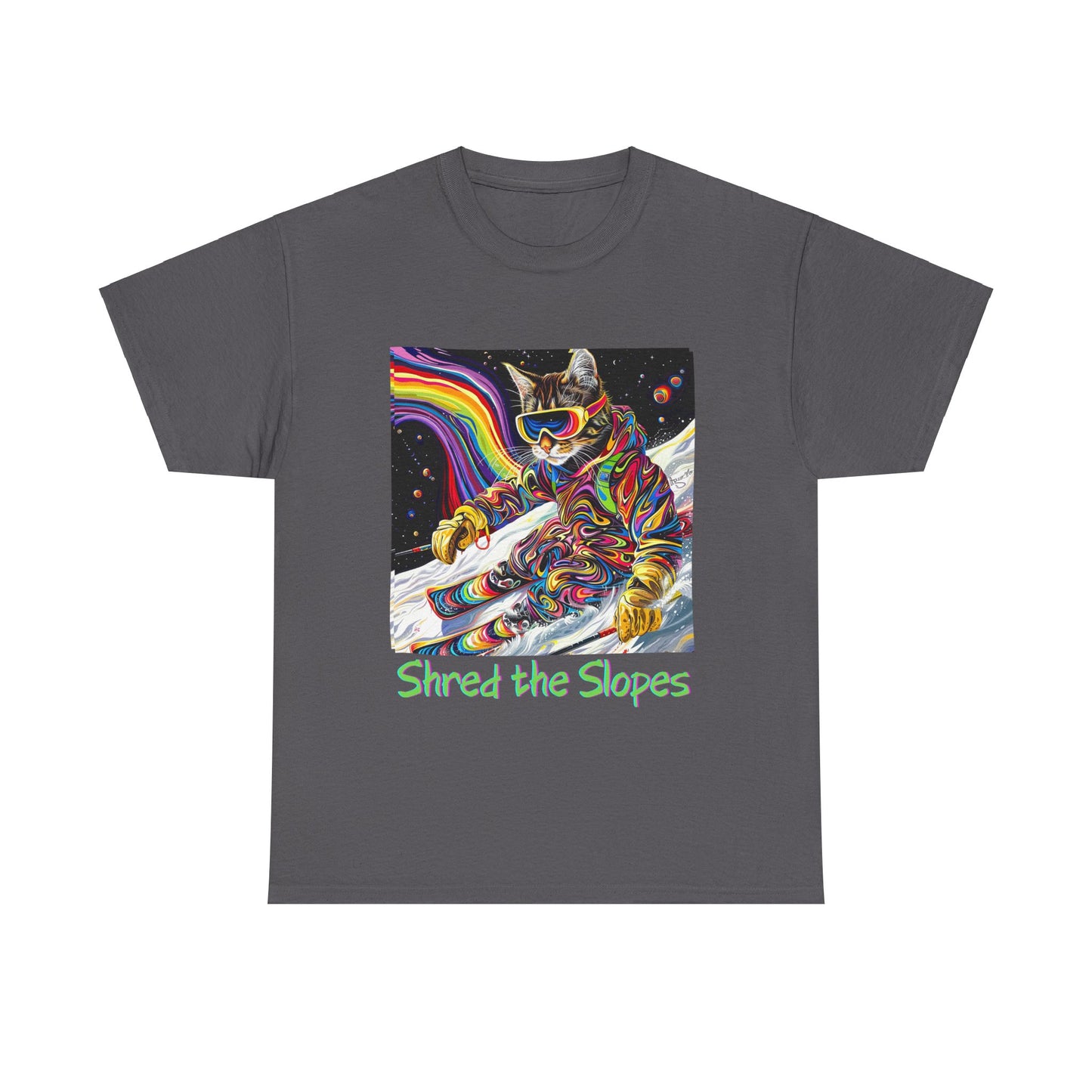 Shred the Slopes - Ski, Snow, Snowboard Winter Sports Cat Cat Art Graphic Tee, Ski Gift - Cool Cats Unisex Heavy Cotton Tee T-Shirt