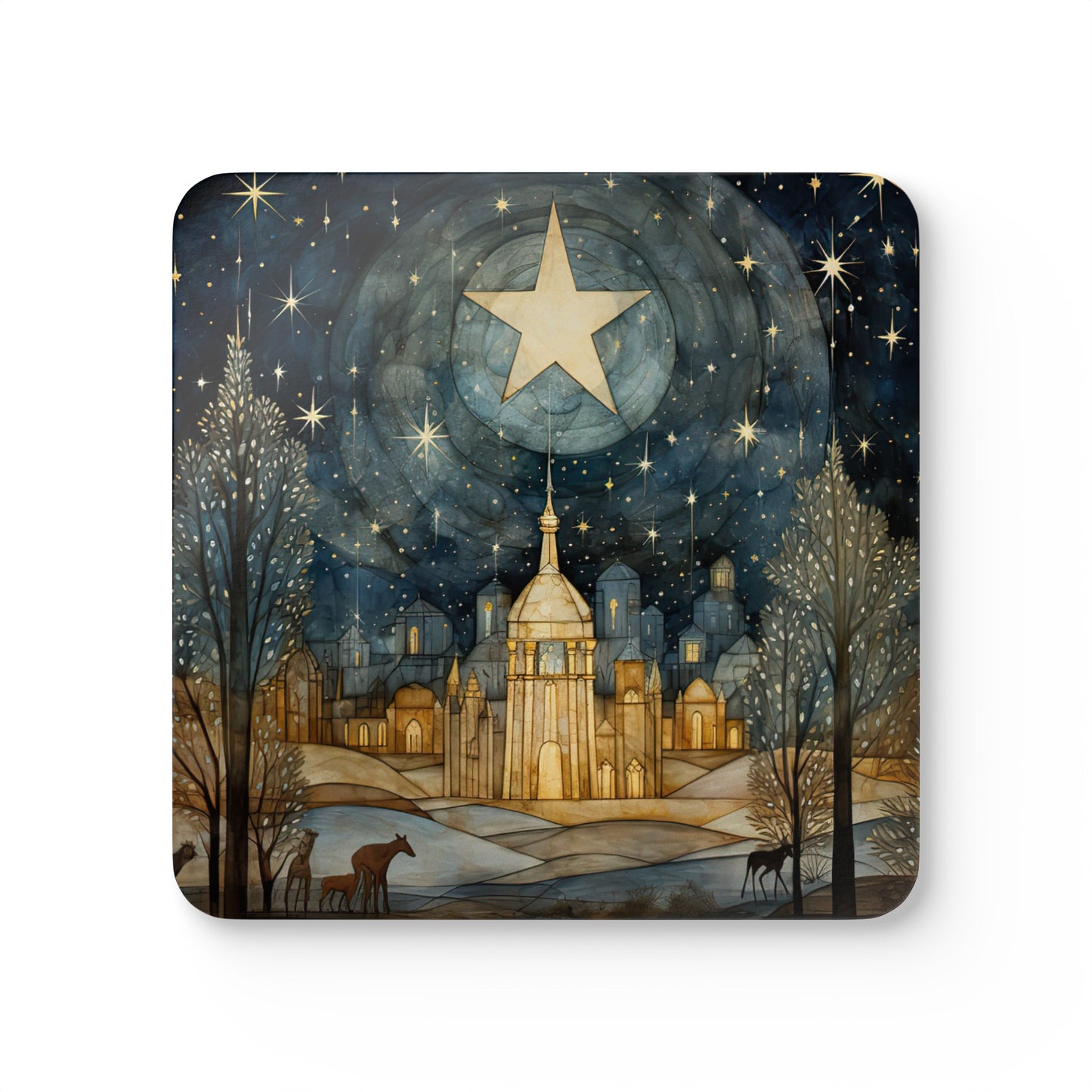 Winter Star, Starry Night Sky Folk Art Gift, Corkwood Coaster Set - Christmas Gift