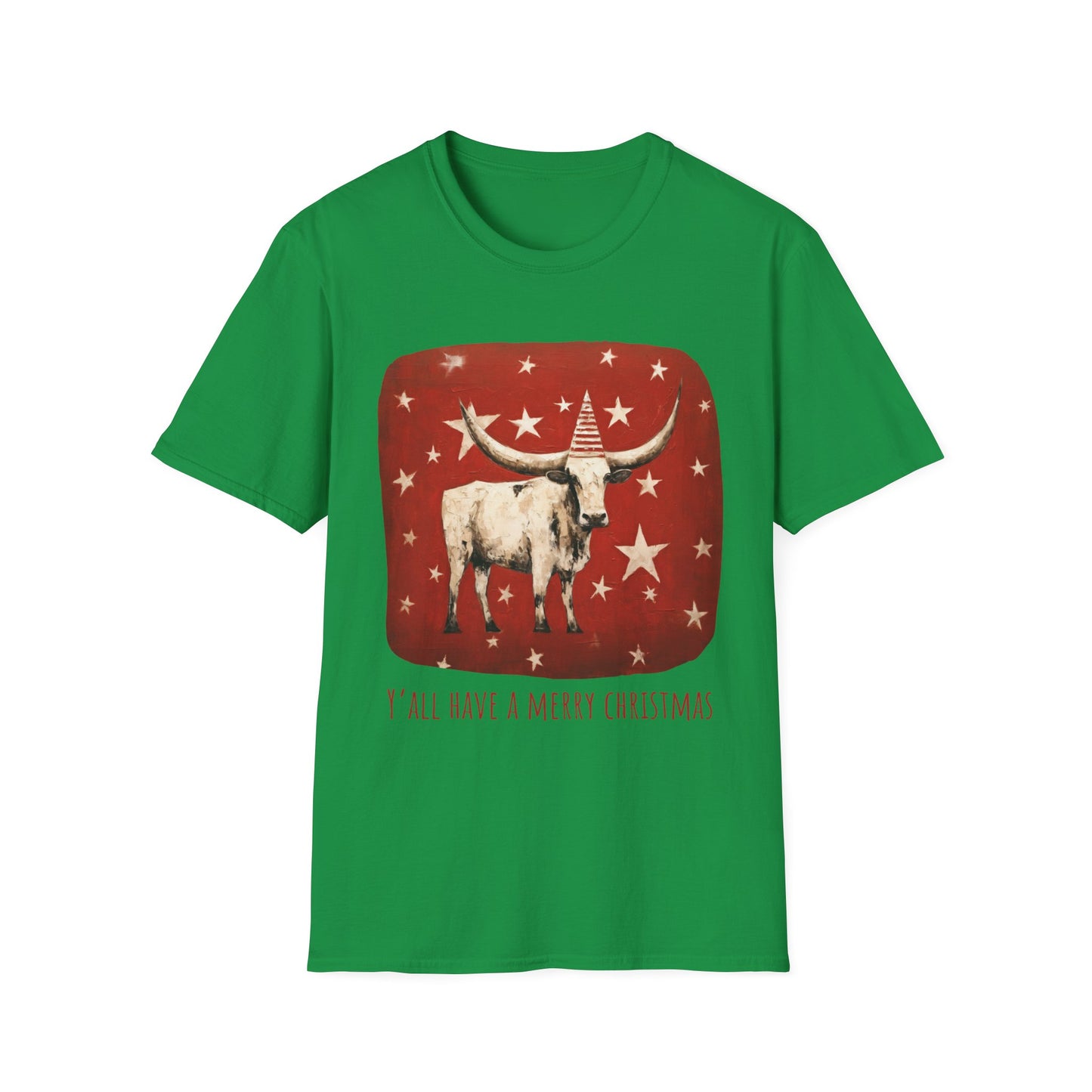"Y'all Have a Merry Christmas" Southern Christmas Greeting, Longhorn Cattle Rodeo Shirt, Longhorn Cattle Texas Oklahoma Gift Unisex Tee Shirt, T-Shirt Graphic Tee T-Shirt
