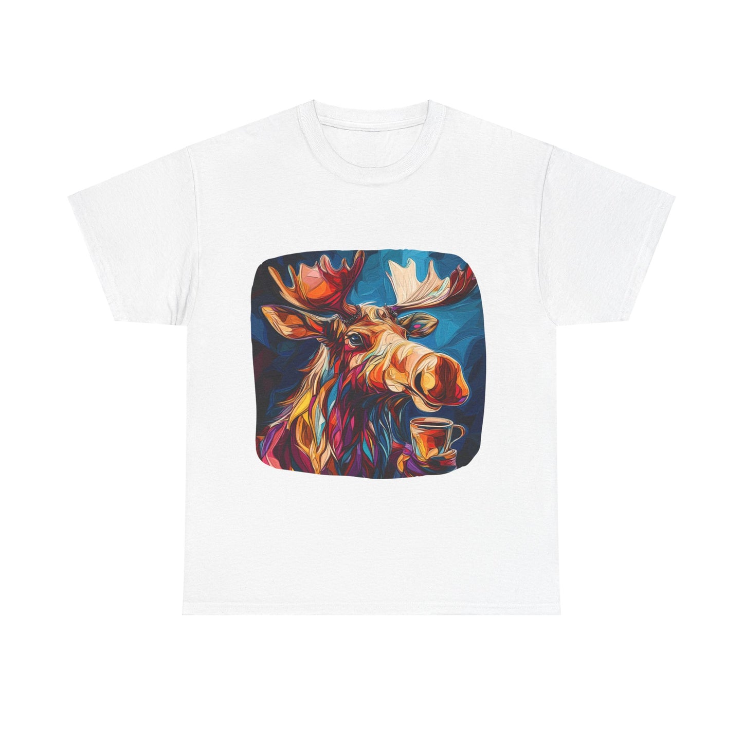 Moose and Coffee, Boho Painterly Coffee Moose - Moose Lover Unisex Heavy Cotton Tee T-Shirt