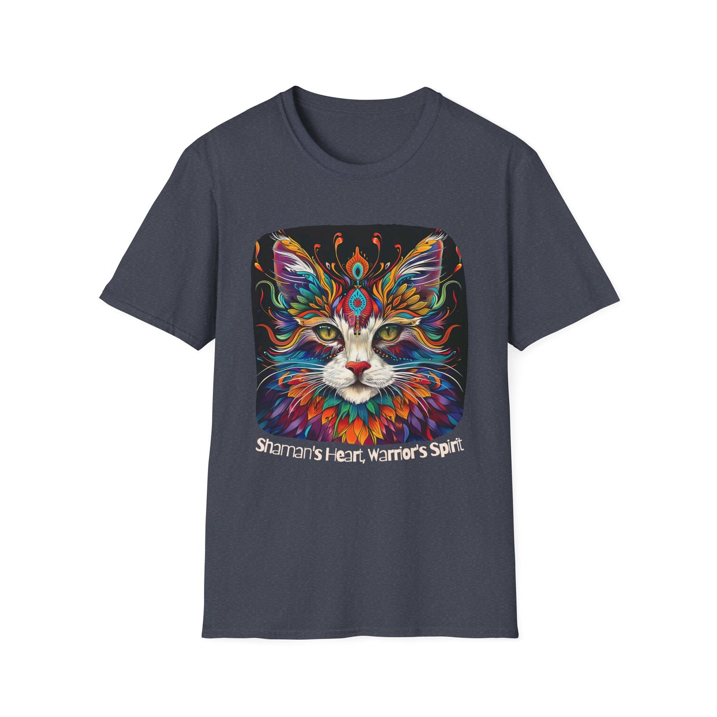 Shaman's Heart, Warrior's Spirit Graphic Cat Tee, Cat Lover's Graphic Tee Graphic Unisex T- Shirt, T-Shirt Cat Lovers Gift Softstyle T-Shirt Tee Teeshirt Stylized Cat